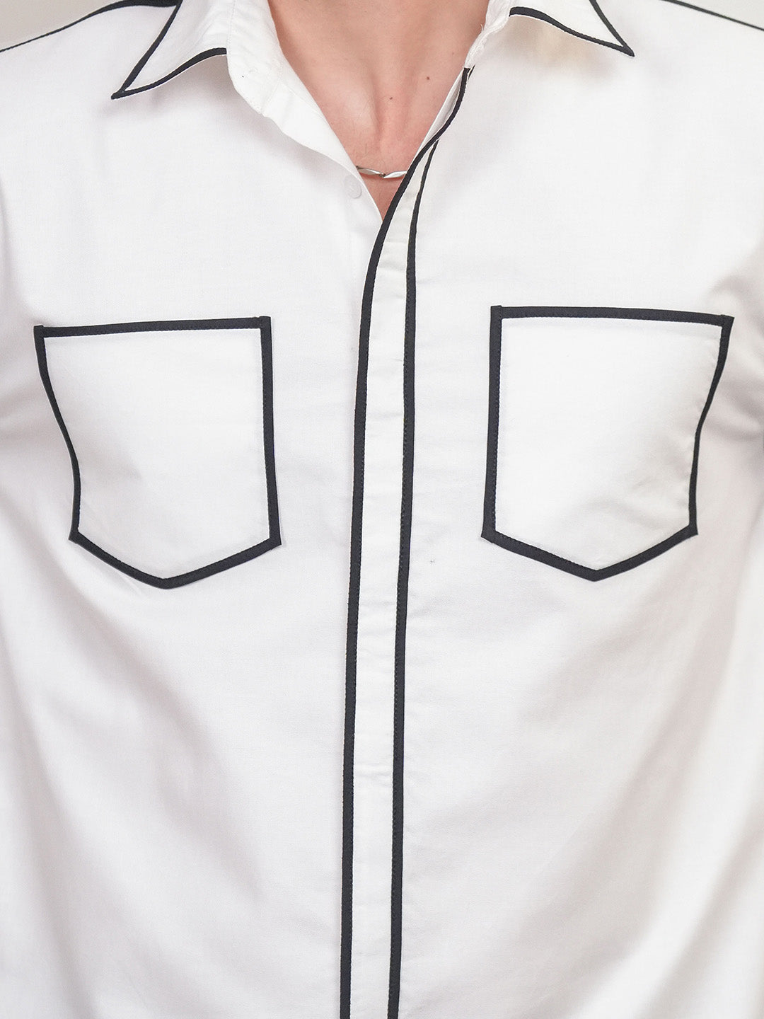 White Colour blocked Heavy Cotton Twill Boxy Fit Shirt For Men