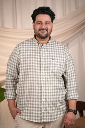 Meadow Green Checks Pre-Washed Linen Cotton Regular Plus Size Shirt