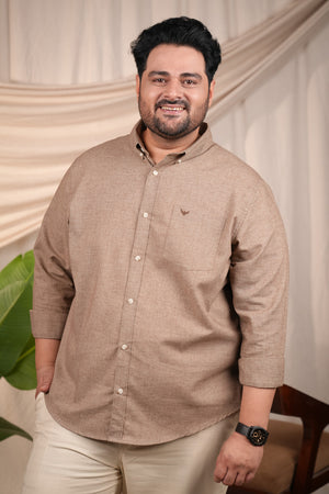 Brown Natural Textured Solid Pre-Washed Regular Plus Size Linen Cotton Shirt