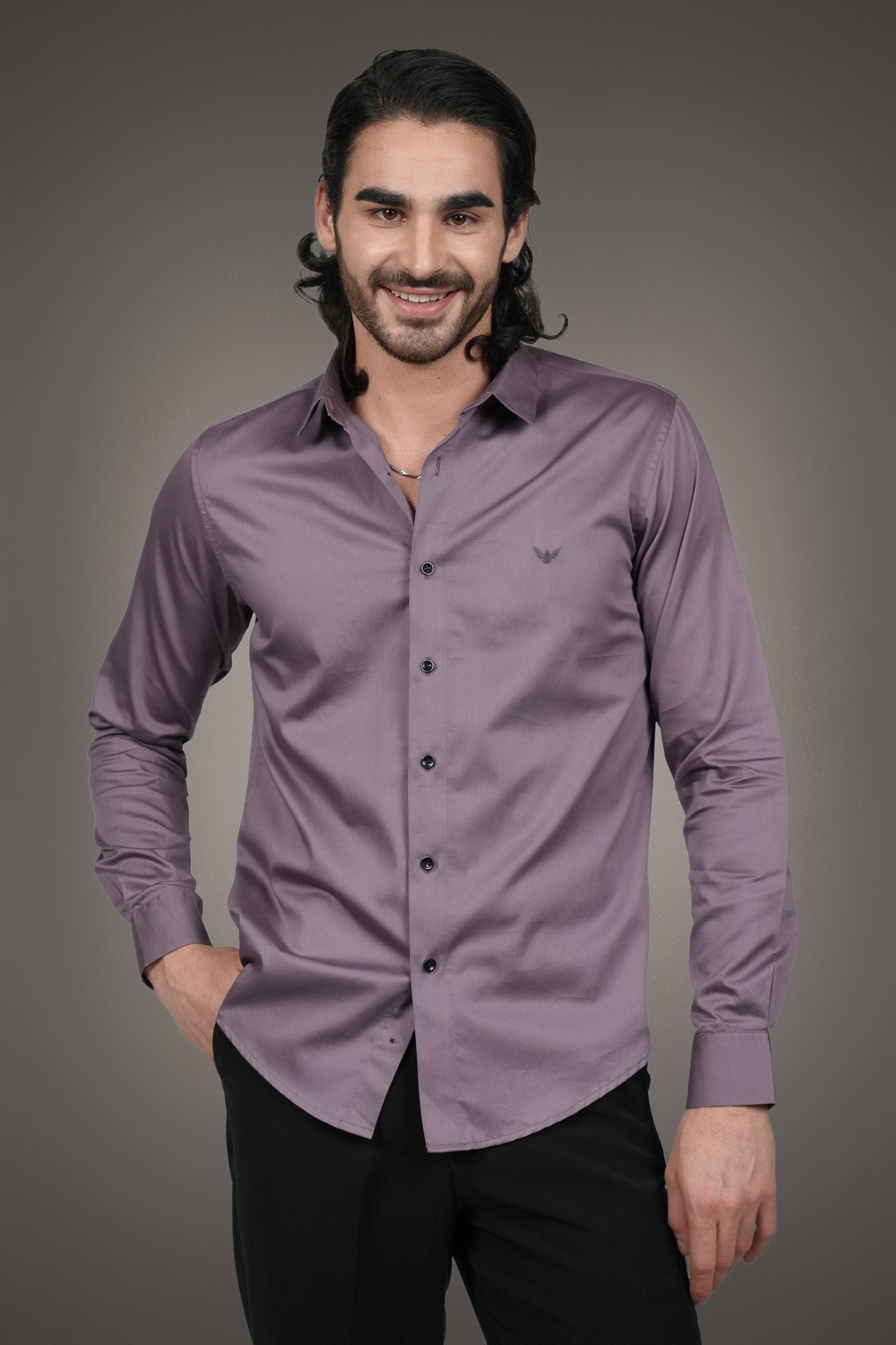 Mauve Solid Cotton Satin Slim Fit Shirt