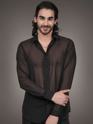 Black Solid Georgette Solid Slim Fit Transparent Shirt