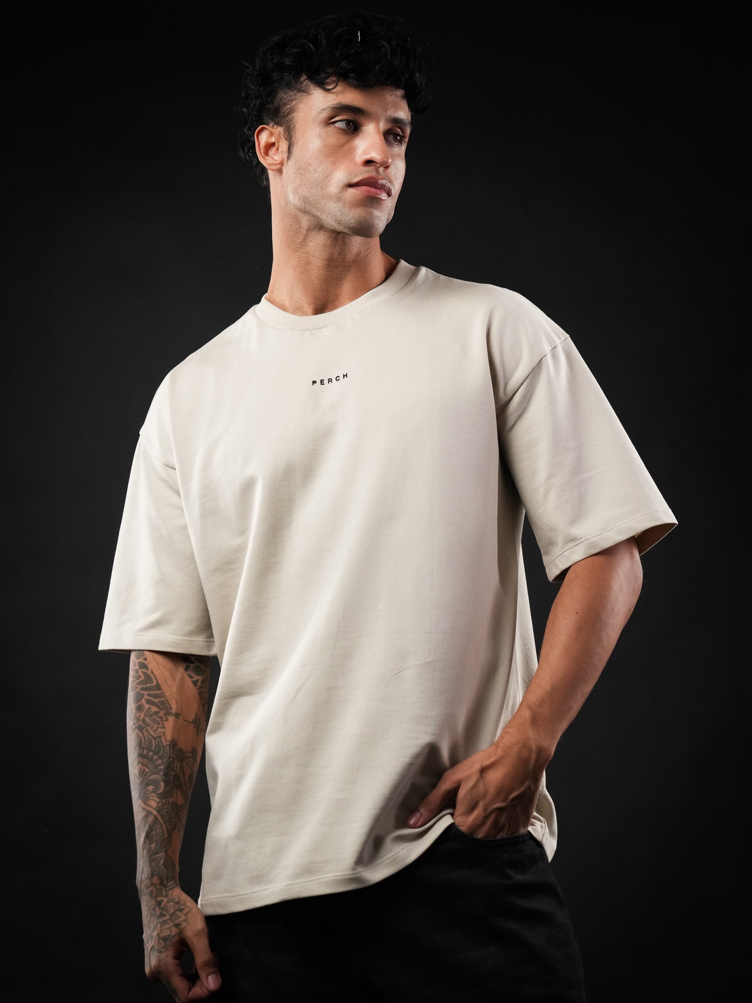 Beige Solid Oversized Tshirt
