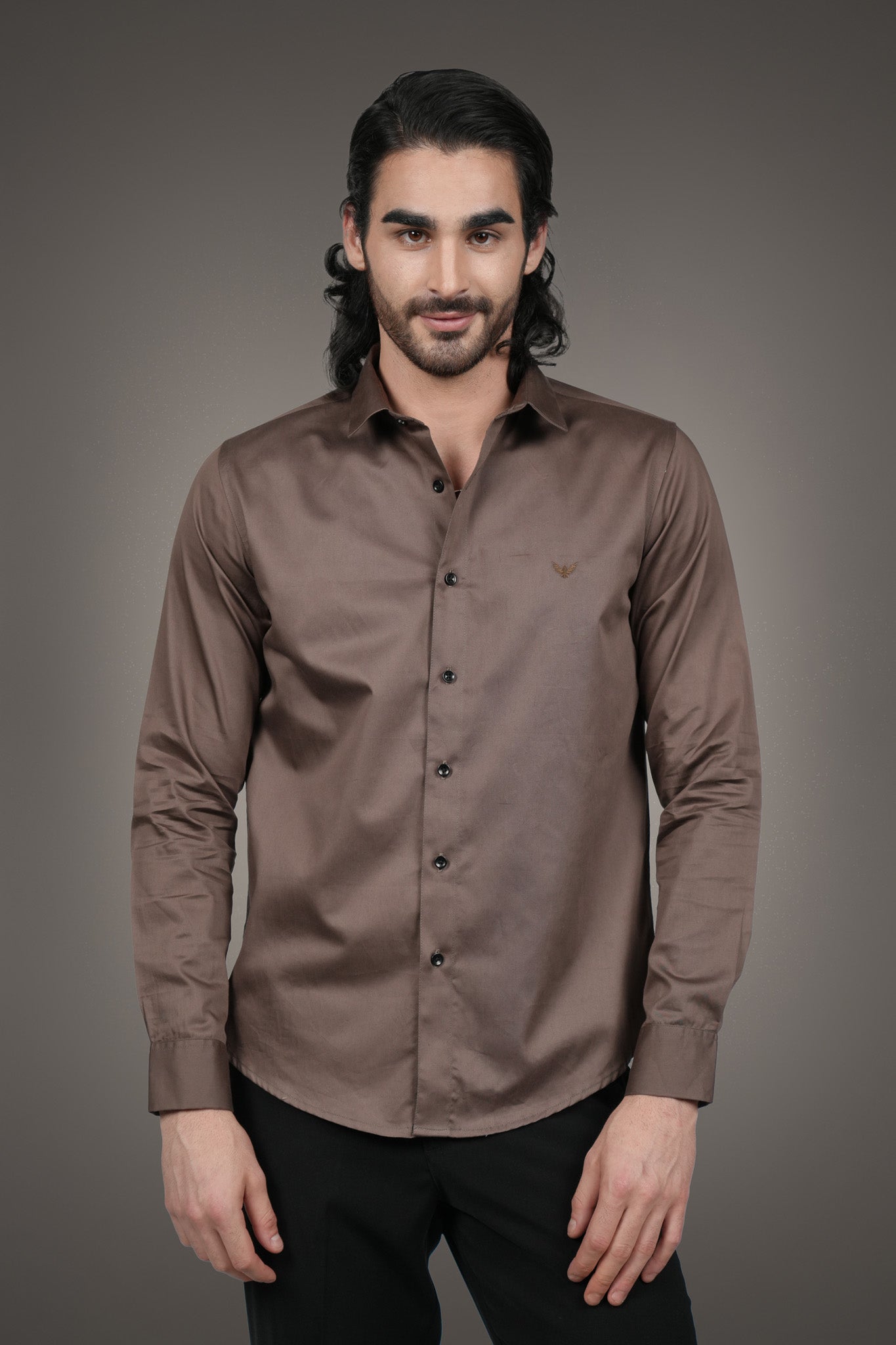 Mocha Brown Solid Cotton Satin Slim Fit Shirt