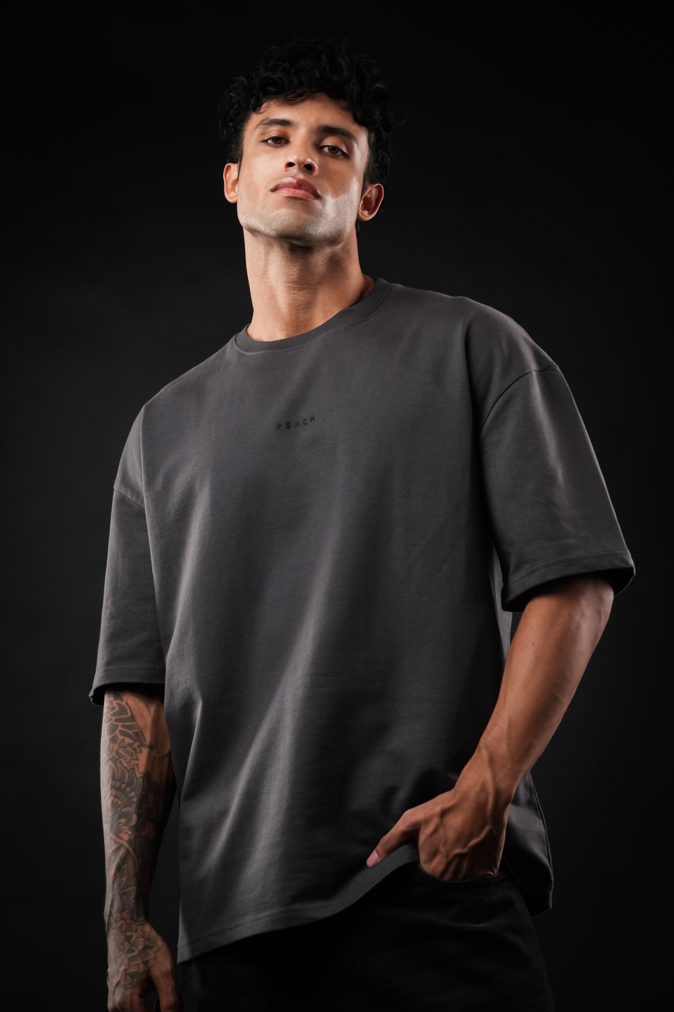 Dark Grey Solid Oversized Tshirt