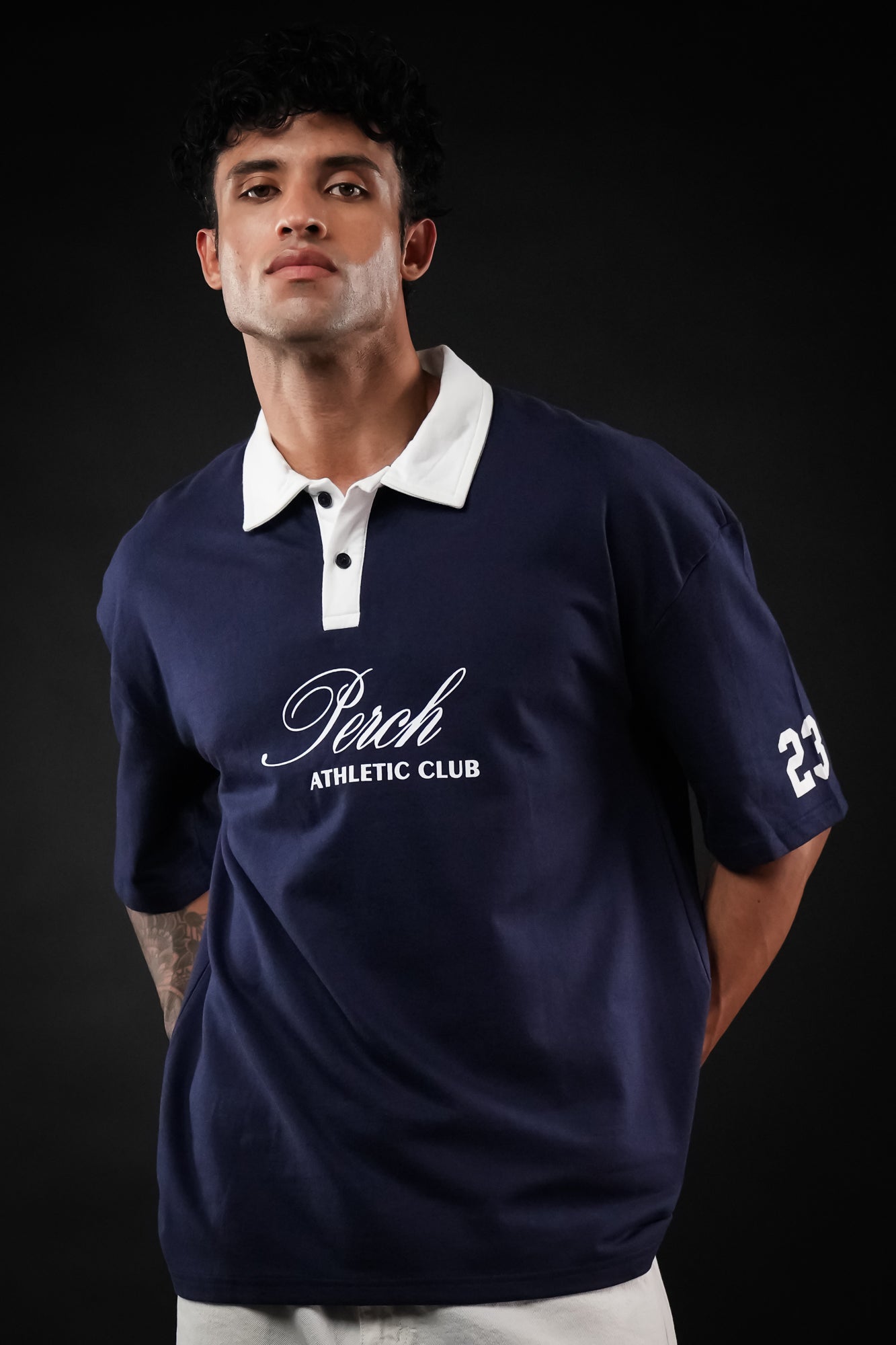 Navy Blue Perch Club Cotton Oversized Polo Tshirt for Men & Women