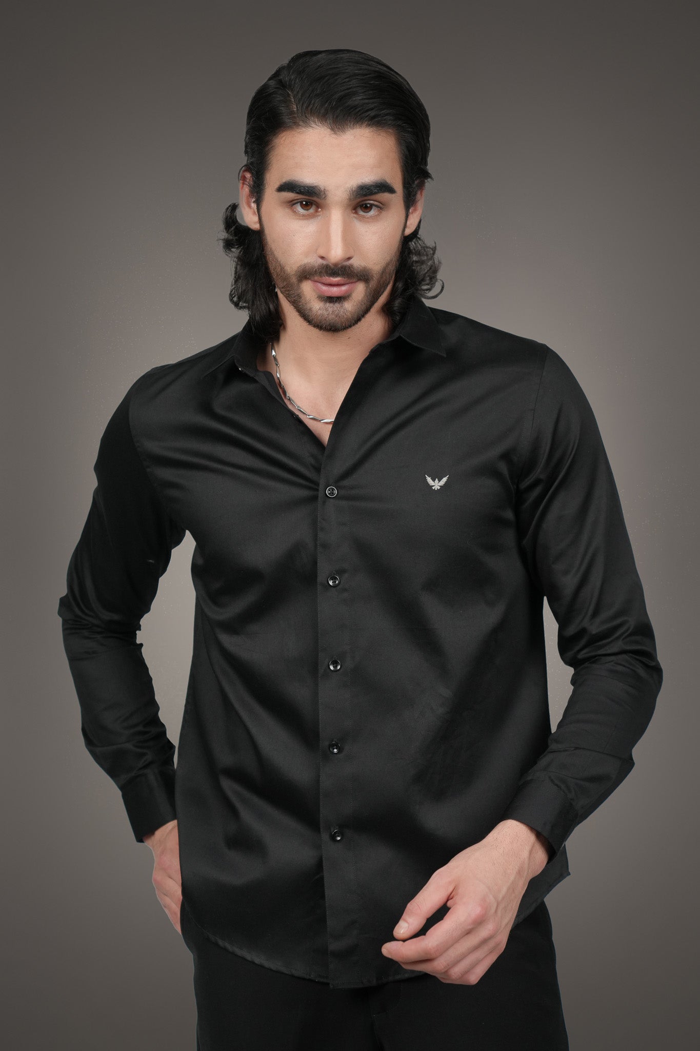 Black Solid Cotton Satin Slim Fit Shirt