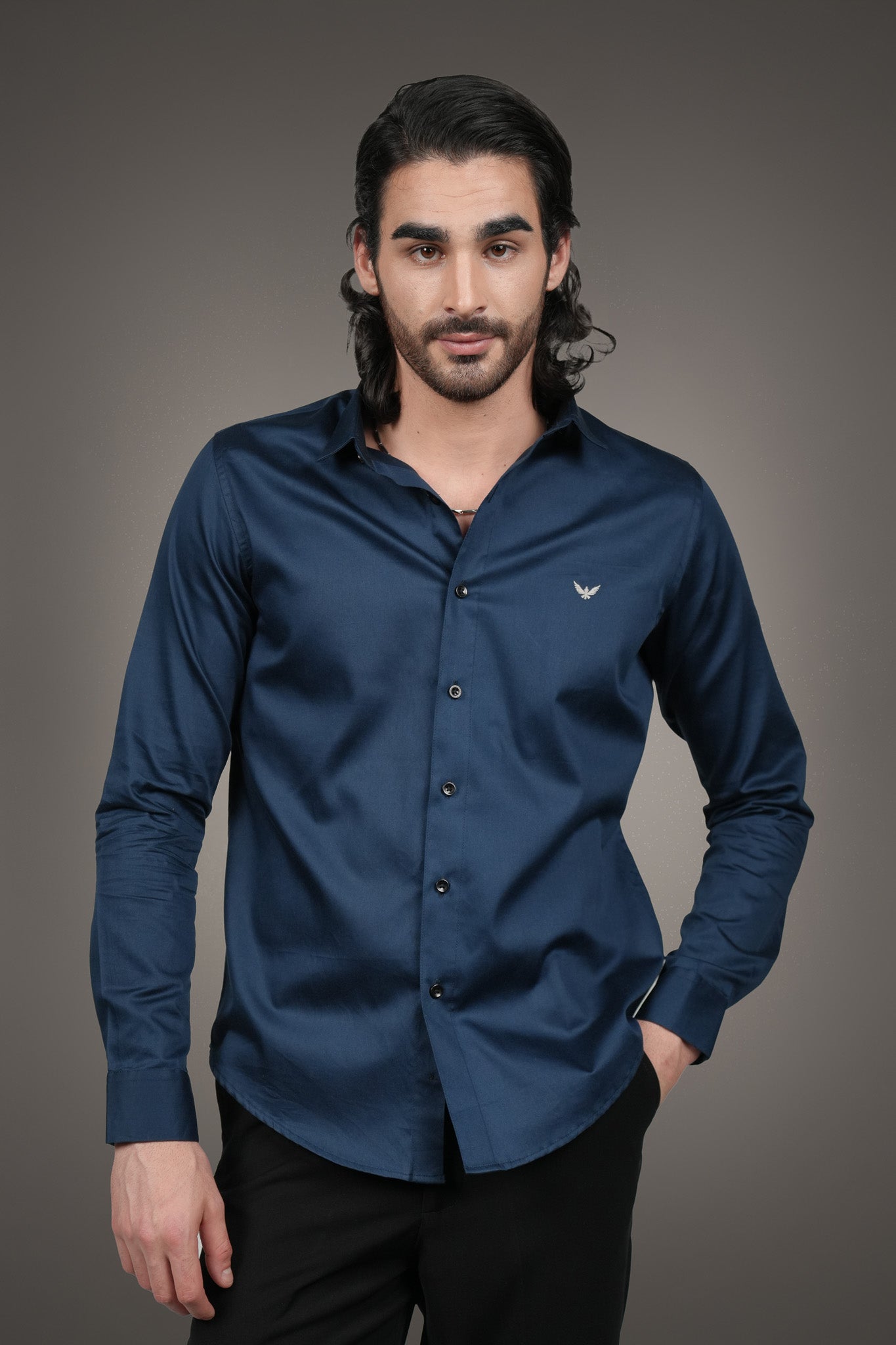Navy Solid Cotton Satin Slim Fit Shirt