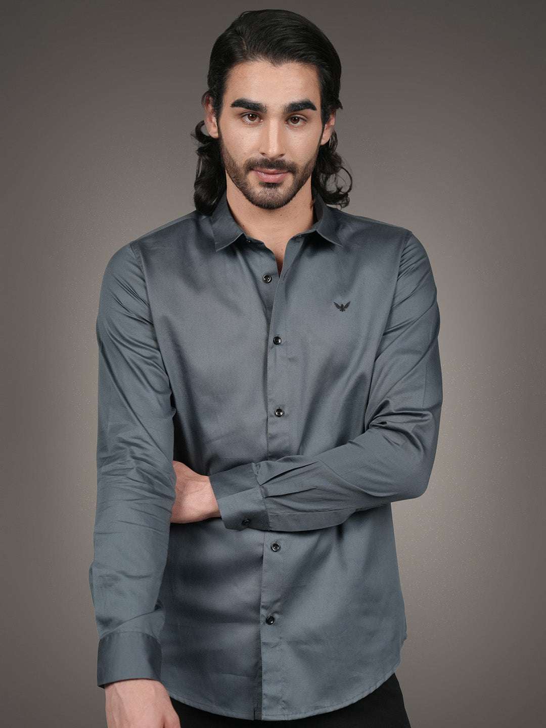 Dark Grey Solid Cotton Satin Slim Fit Shirt
