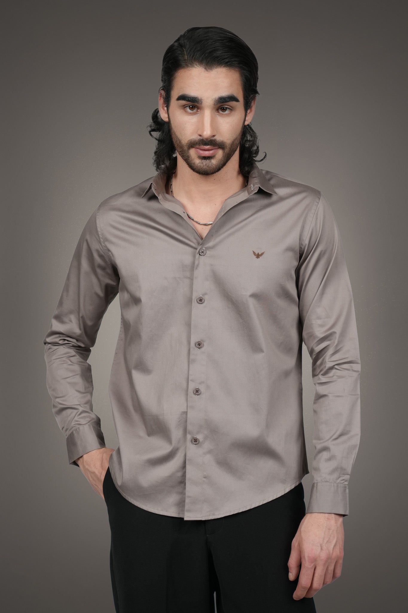 Metallic Beige Solid Cotton Satin Slim Fit Shirt