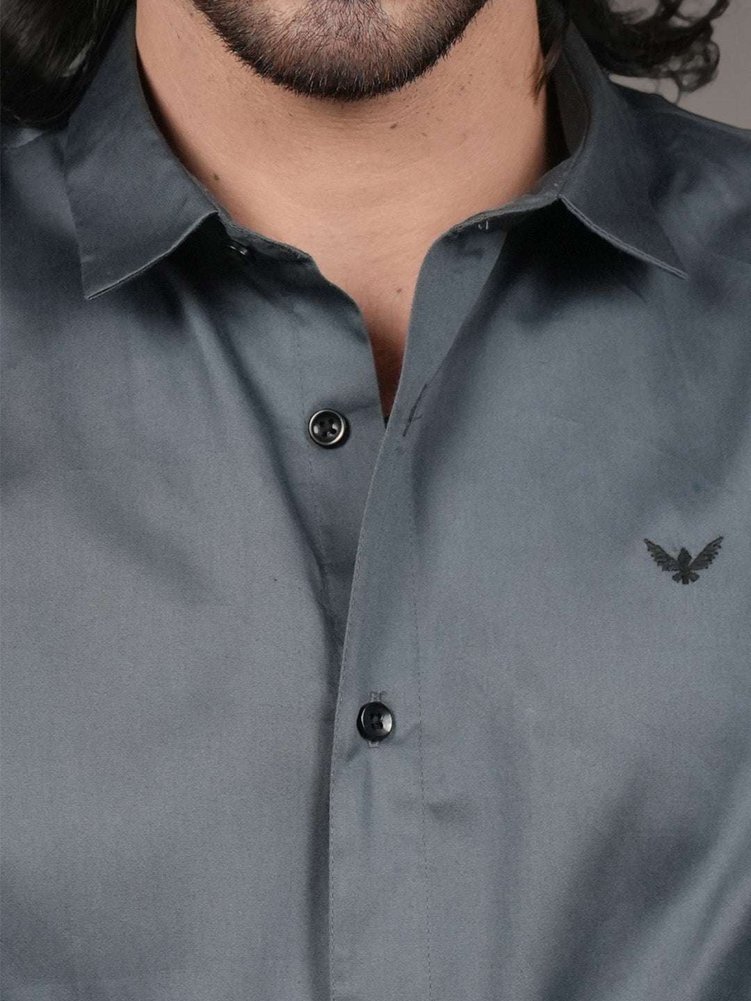 Dark Grey Solid Cotton Satin Slim Fit Shirt