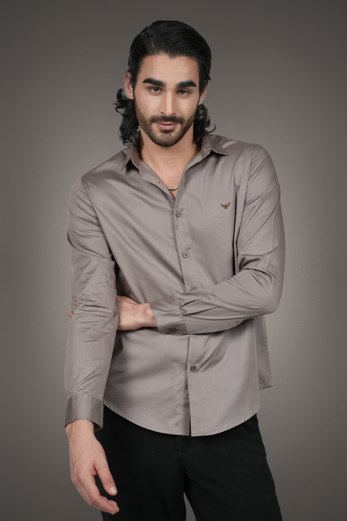 Metallic Beige Solid Cotton Satin Slim Fit Shirt