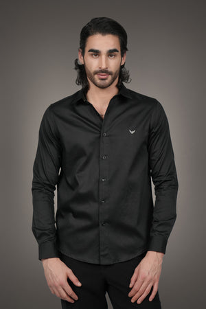 Black Solid Cotton Satin Slim Fit Shirt
