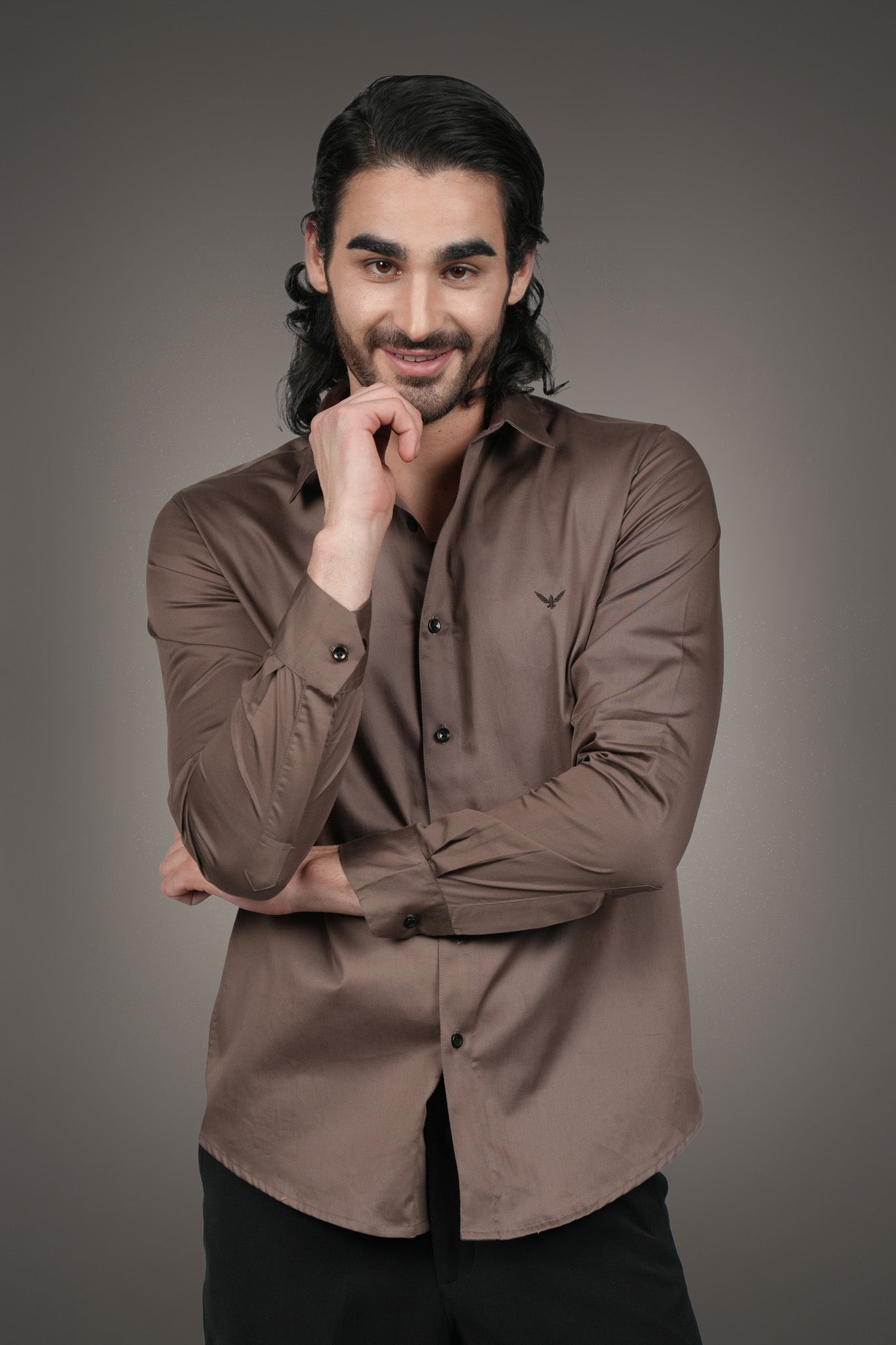Mocha Brown Solid Cotton Satin Slim Fit Shirt