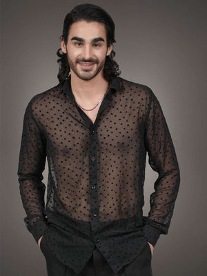 Black Textured Georgette Dobby Slim Fit Transparent Shirt