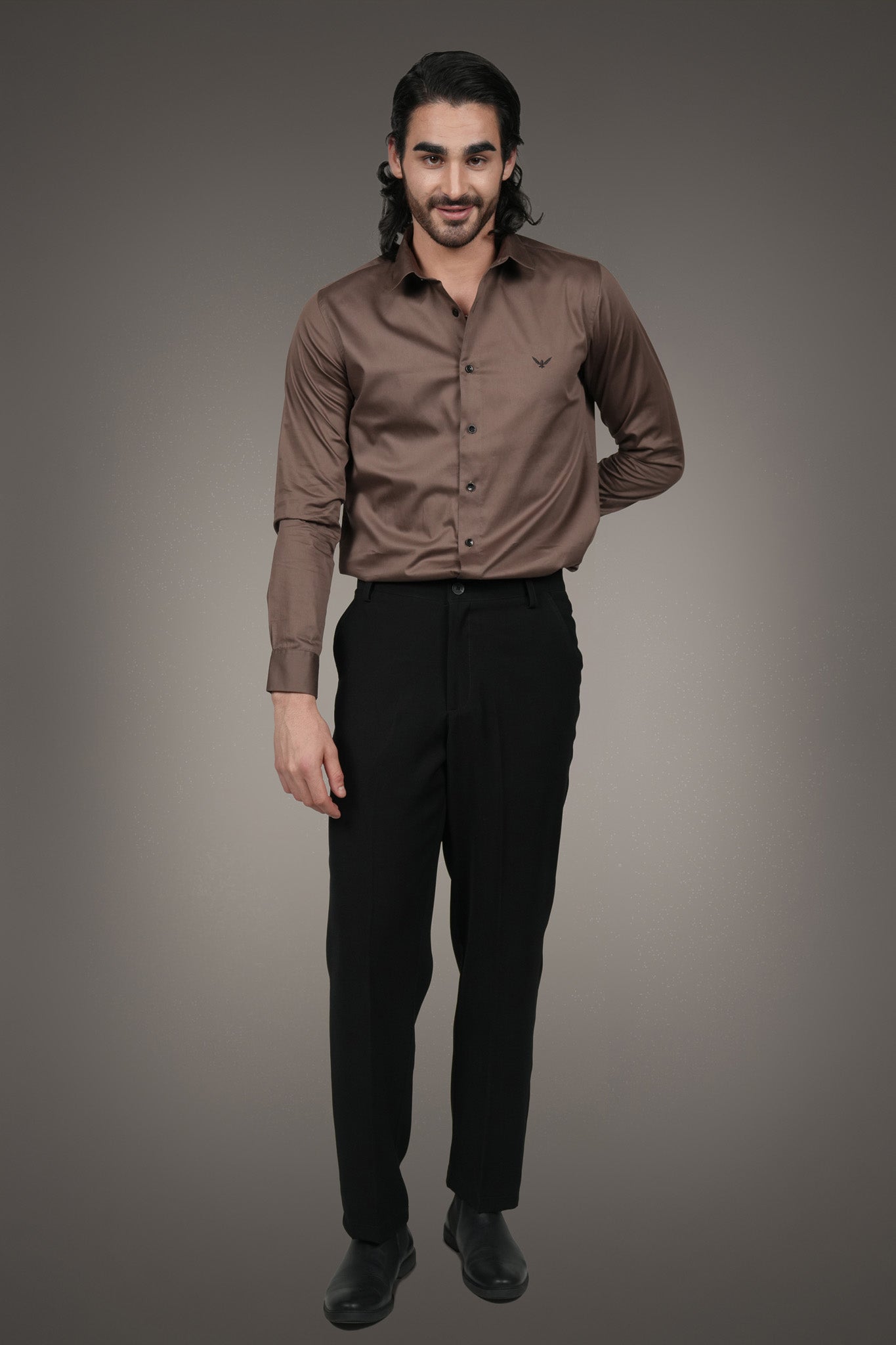 Mocha Brown Solid Cotton Satin Slim Fit Shirt