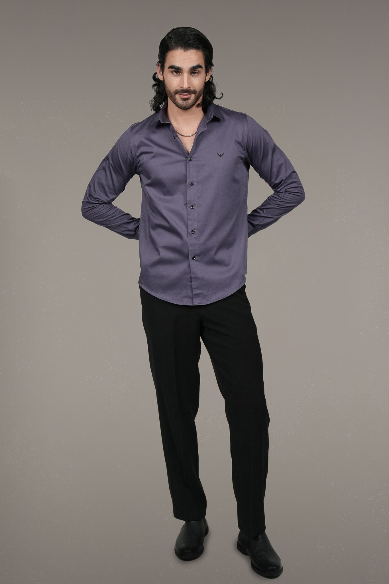 Purple Solid Cotton Satin Slim Fit Shirt