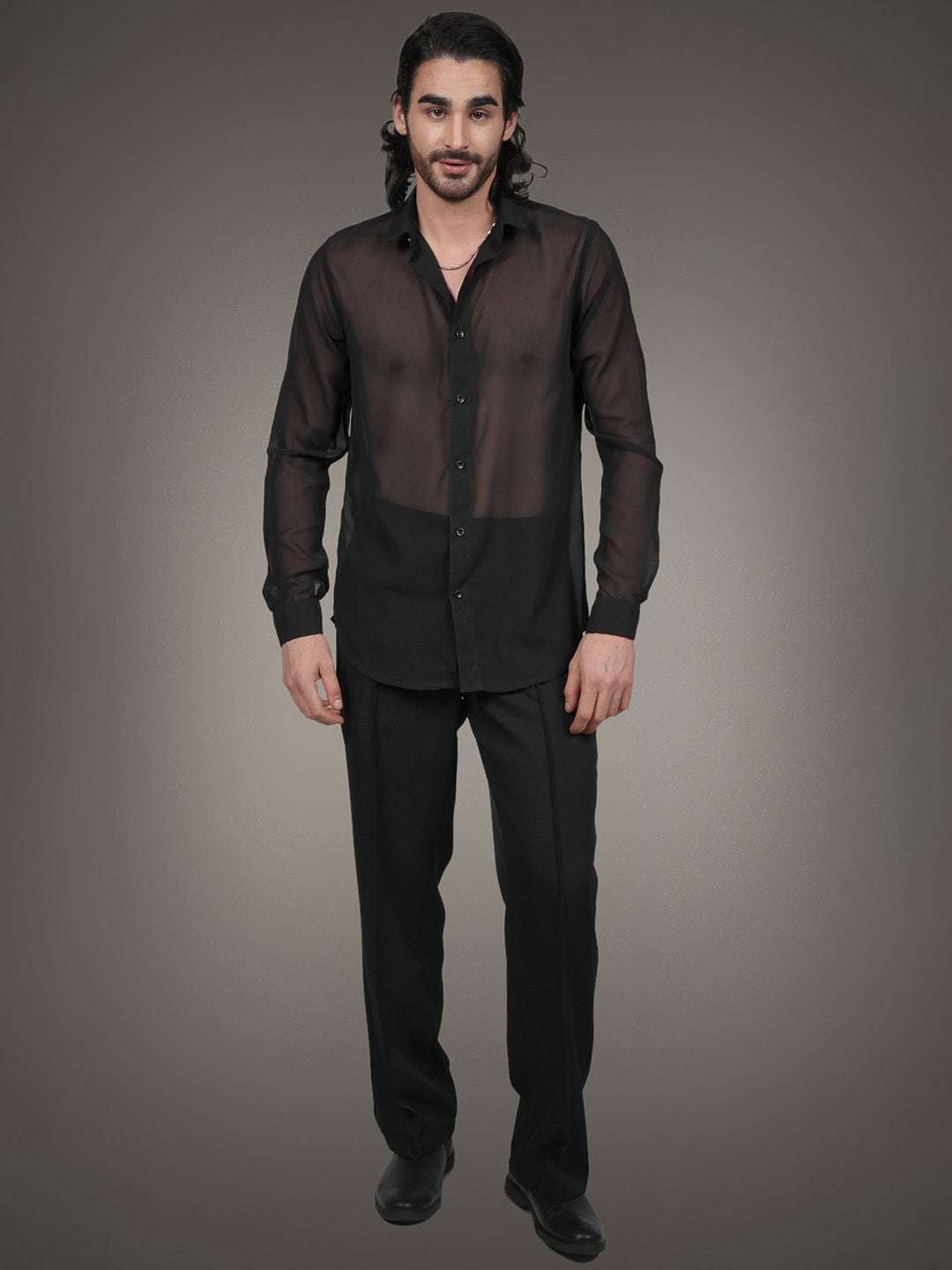 Black Solid Georgette Solid Slim Fit Transparent Shirt