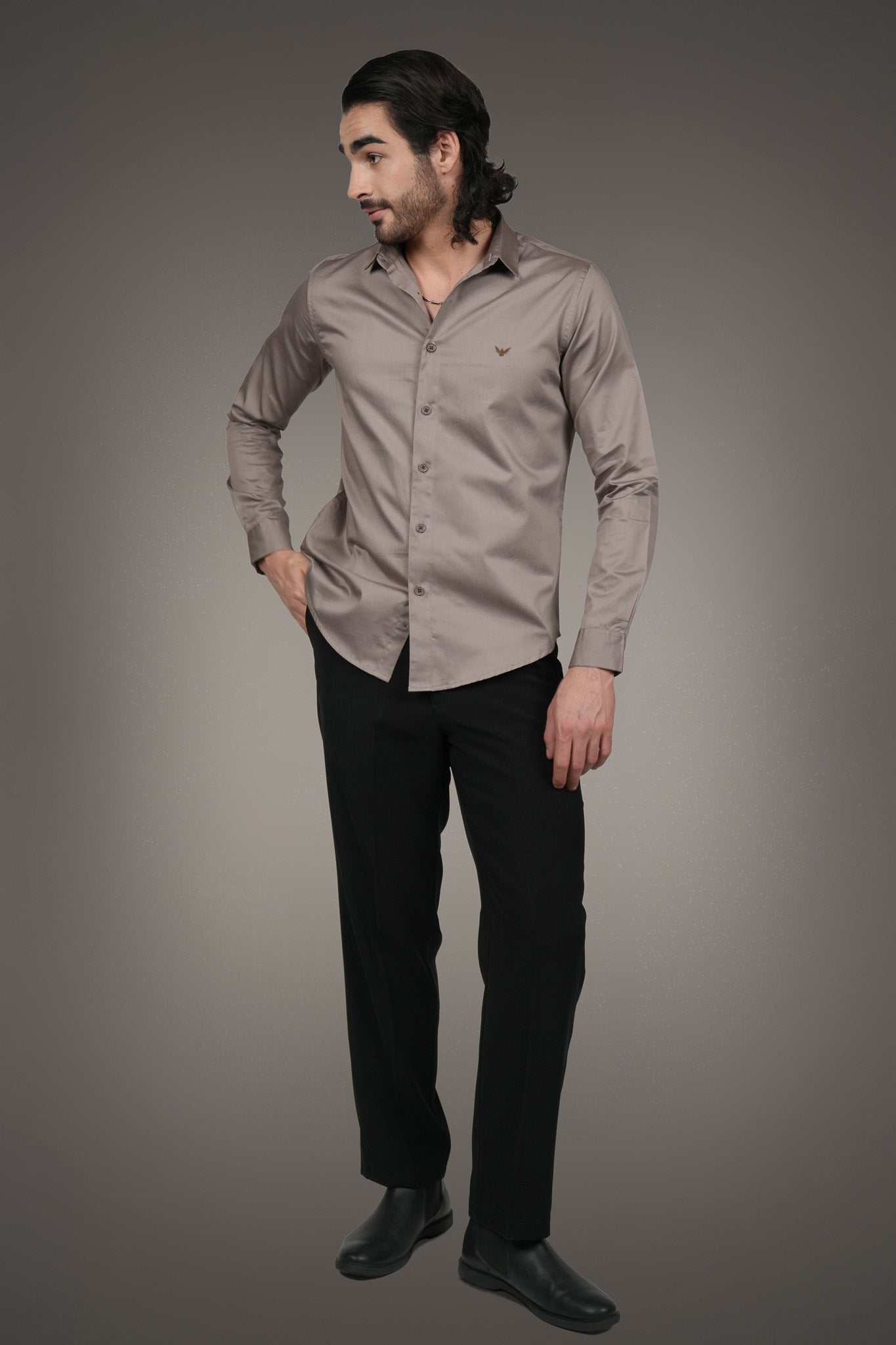 Metallic Beige Solid Cotton Satin Slim Fit Shirt