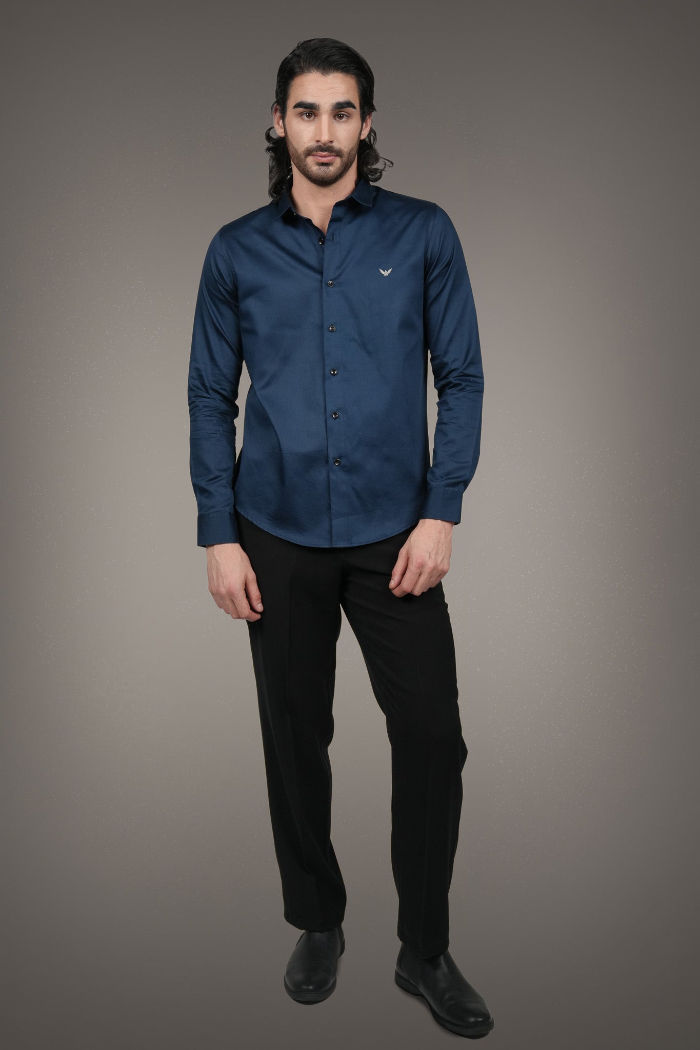 Navy Solid Cotton Satin Slim Fit Shirt
