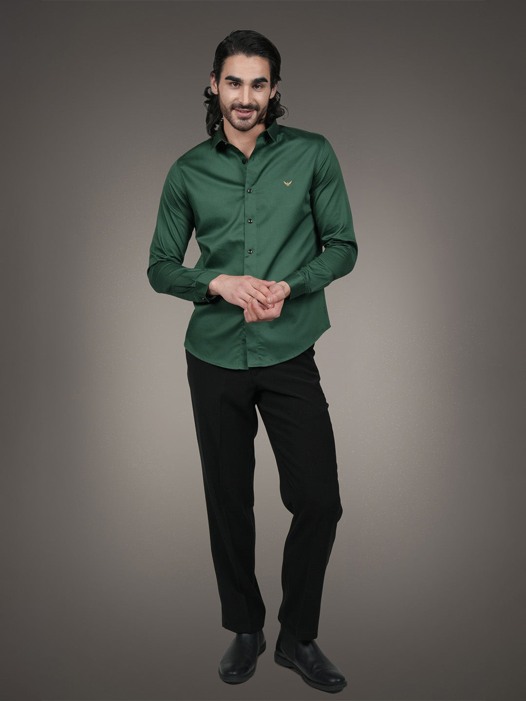 English Green Solid Cotton Satin Slim Fit Shirt