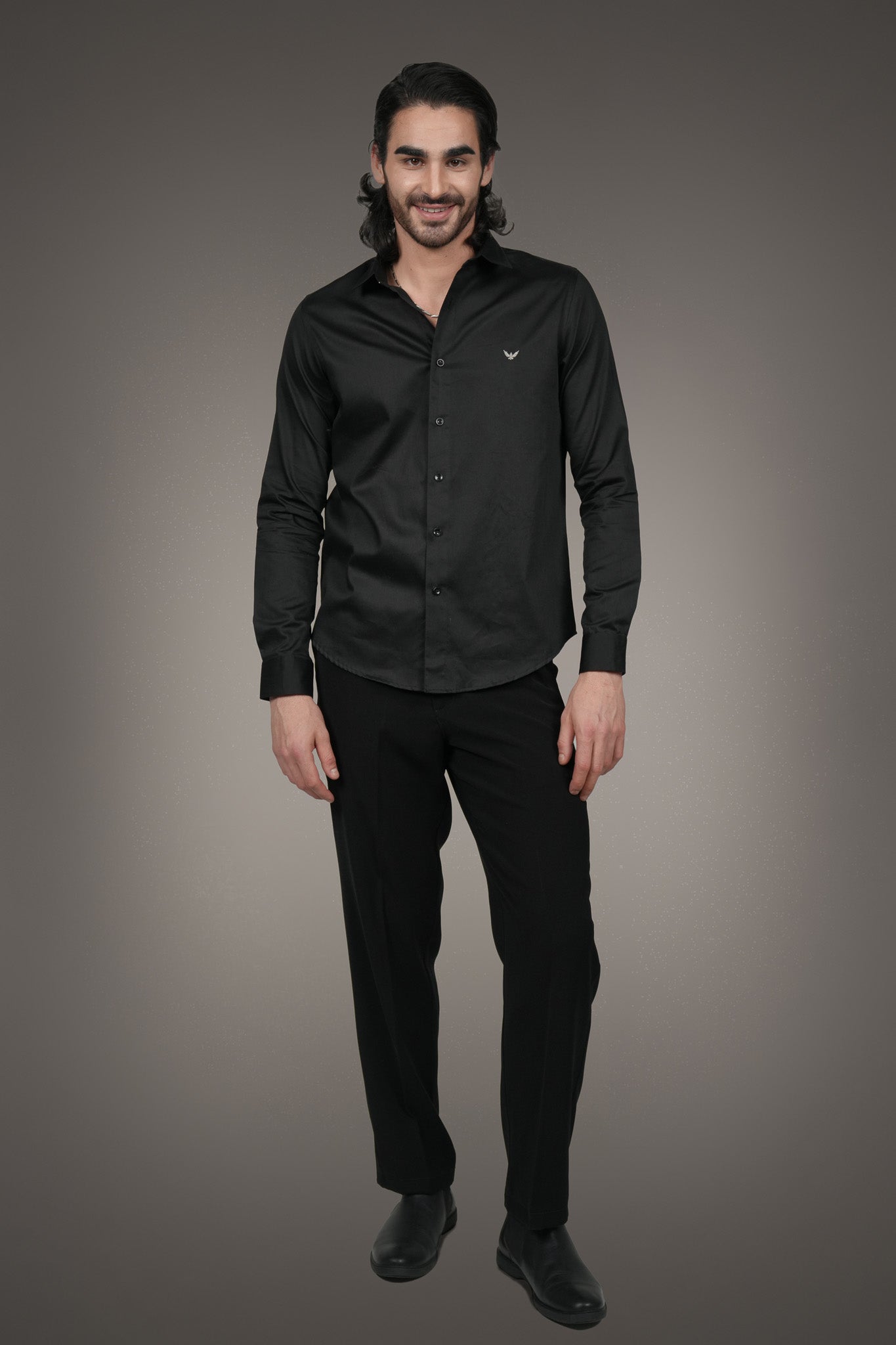 Black Solid Cotton Satin Slim Fit Shirt