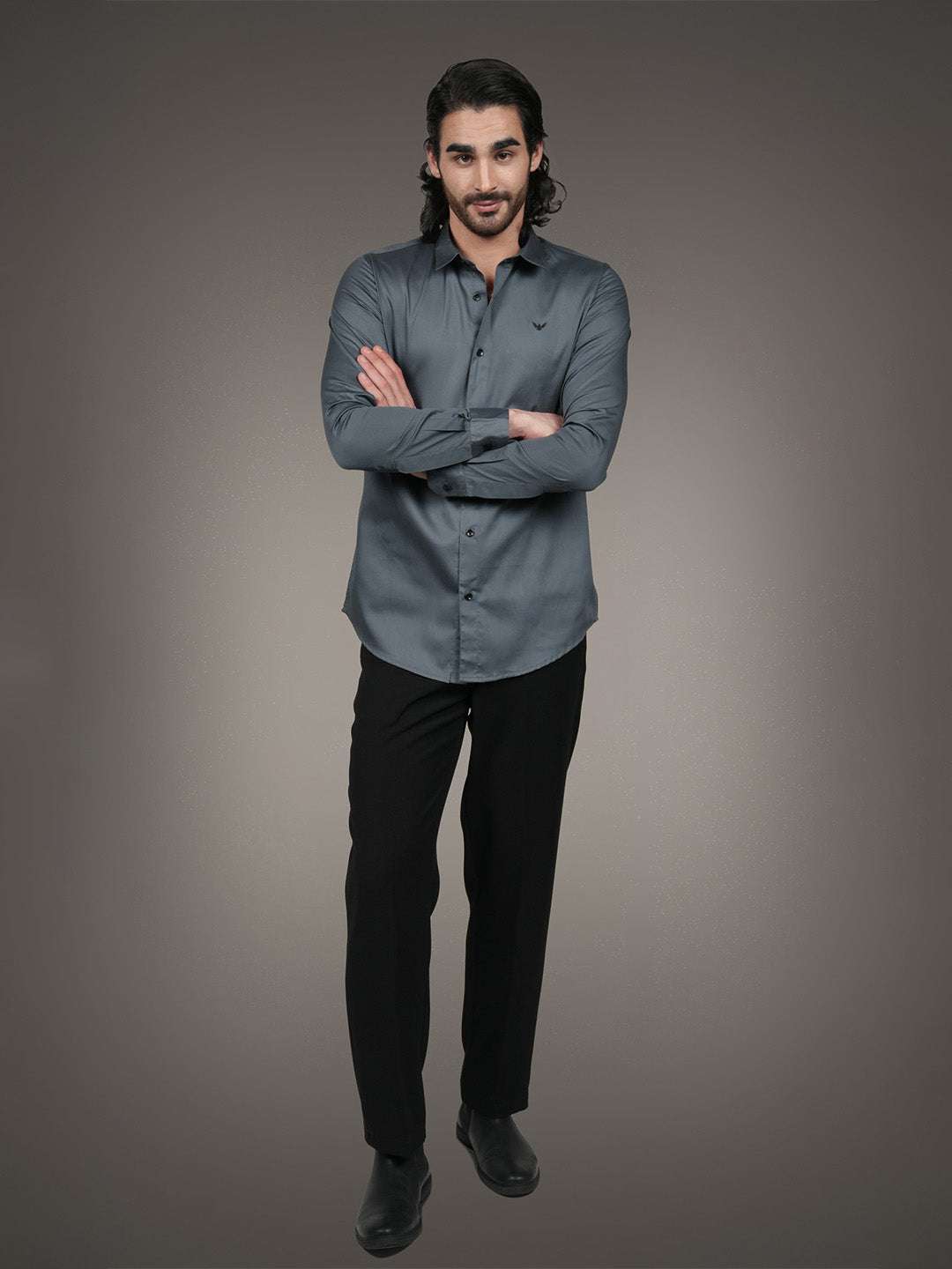Dark Grey Solid Cotton Satin Slim Fit Shirt