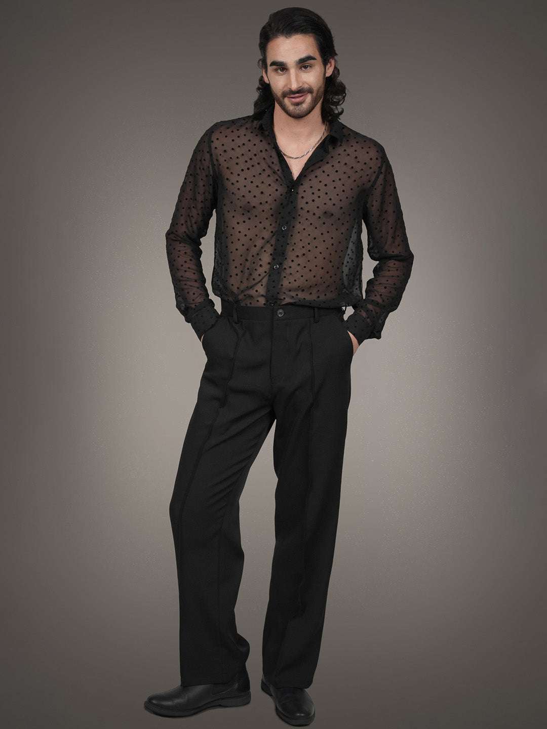 Black Textured Georgette Dobby Slim Fit Transparent Shirt