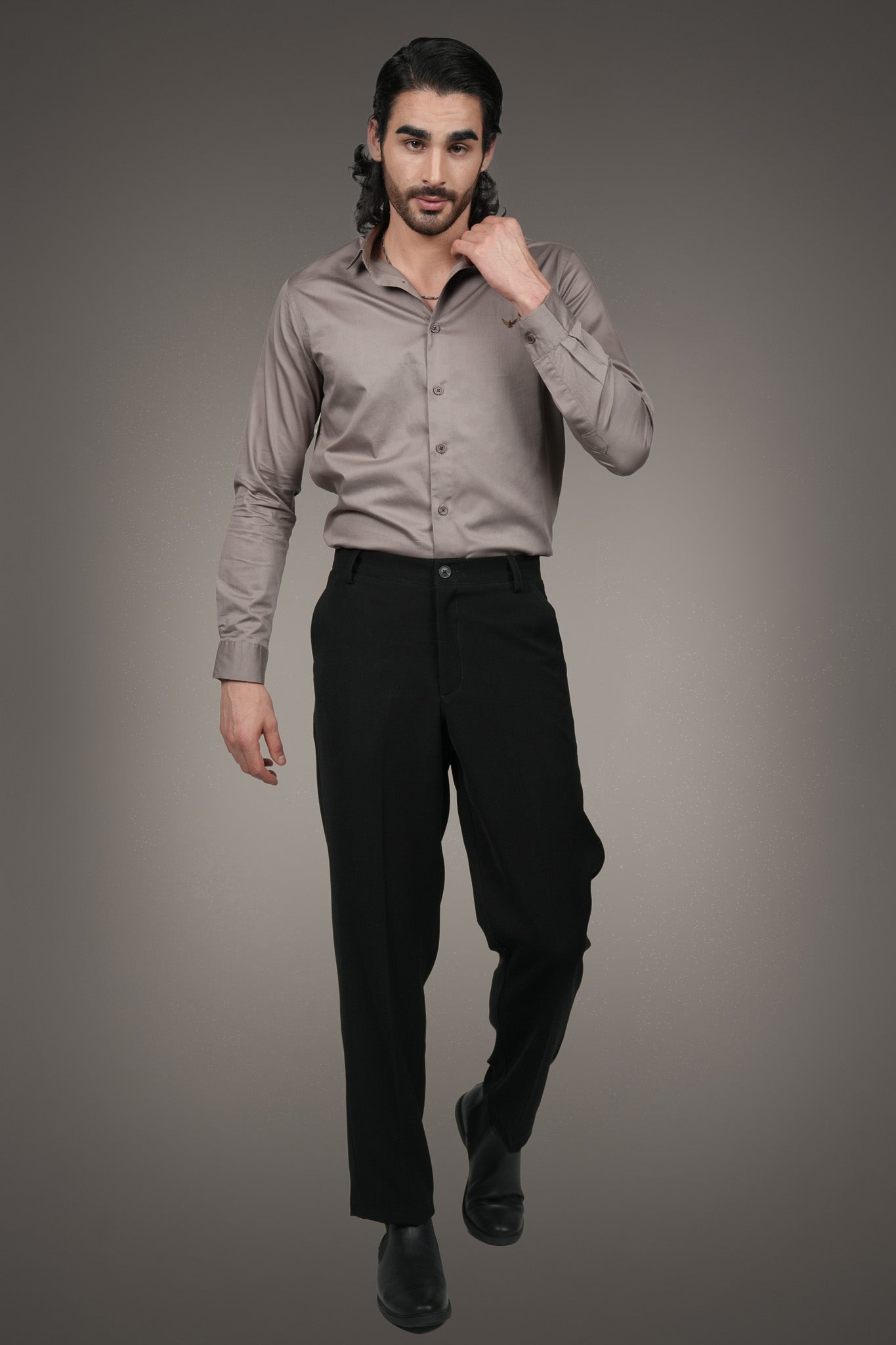 Metallic Beige Solid Cotton Satin Slim Fit Shirt