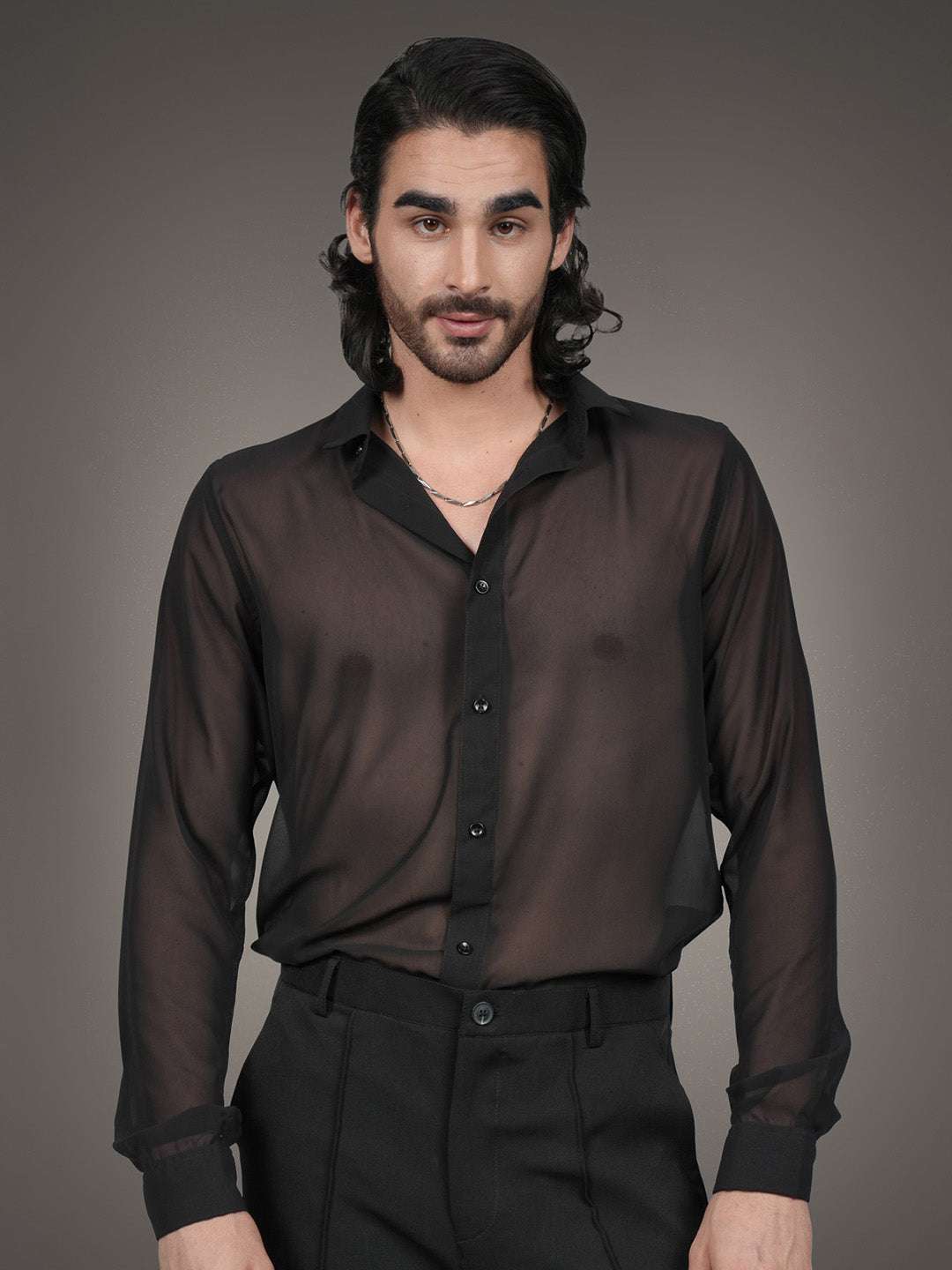 Black Solid Georgette Solid Slim Fit Transparent Shirt