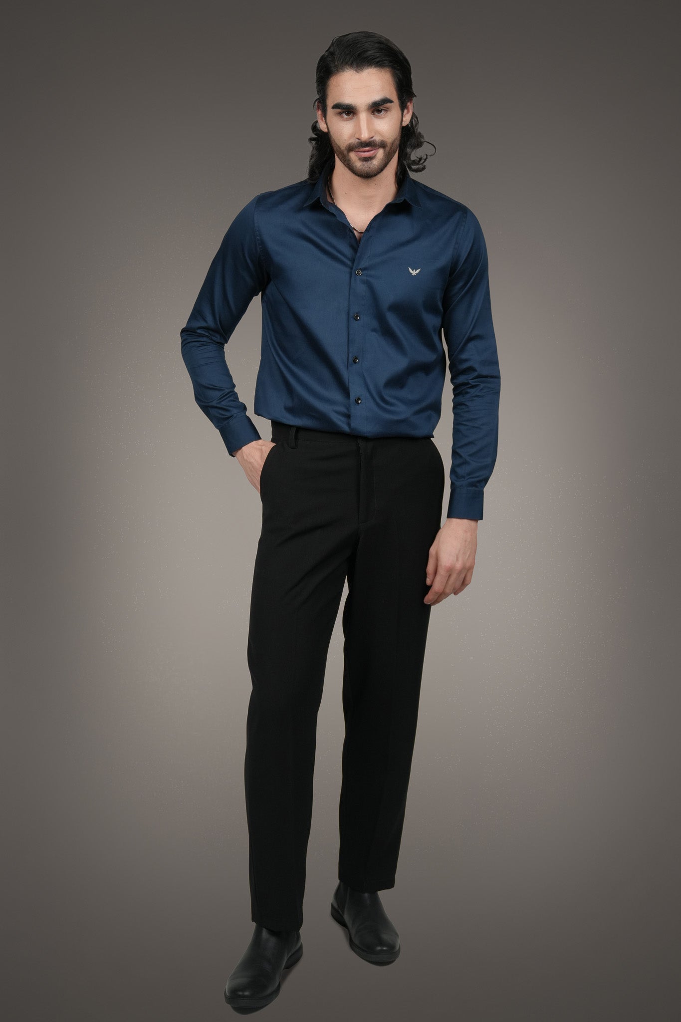 Navy Solid Cotton Satin Slim Fit Shirt