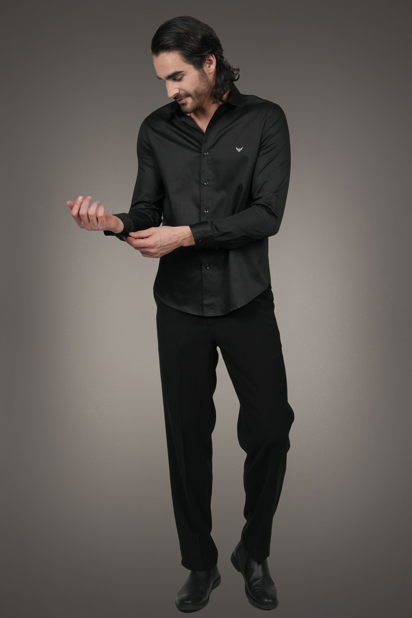 Black Solid Cotton Satin Slim Fit Shirt