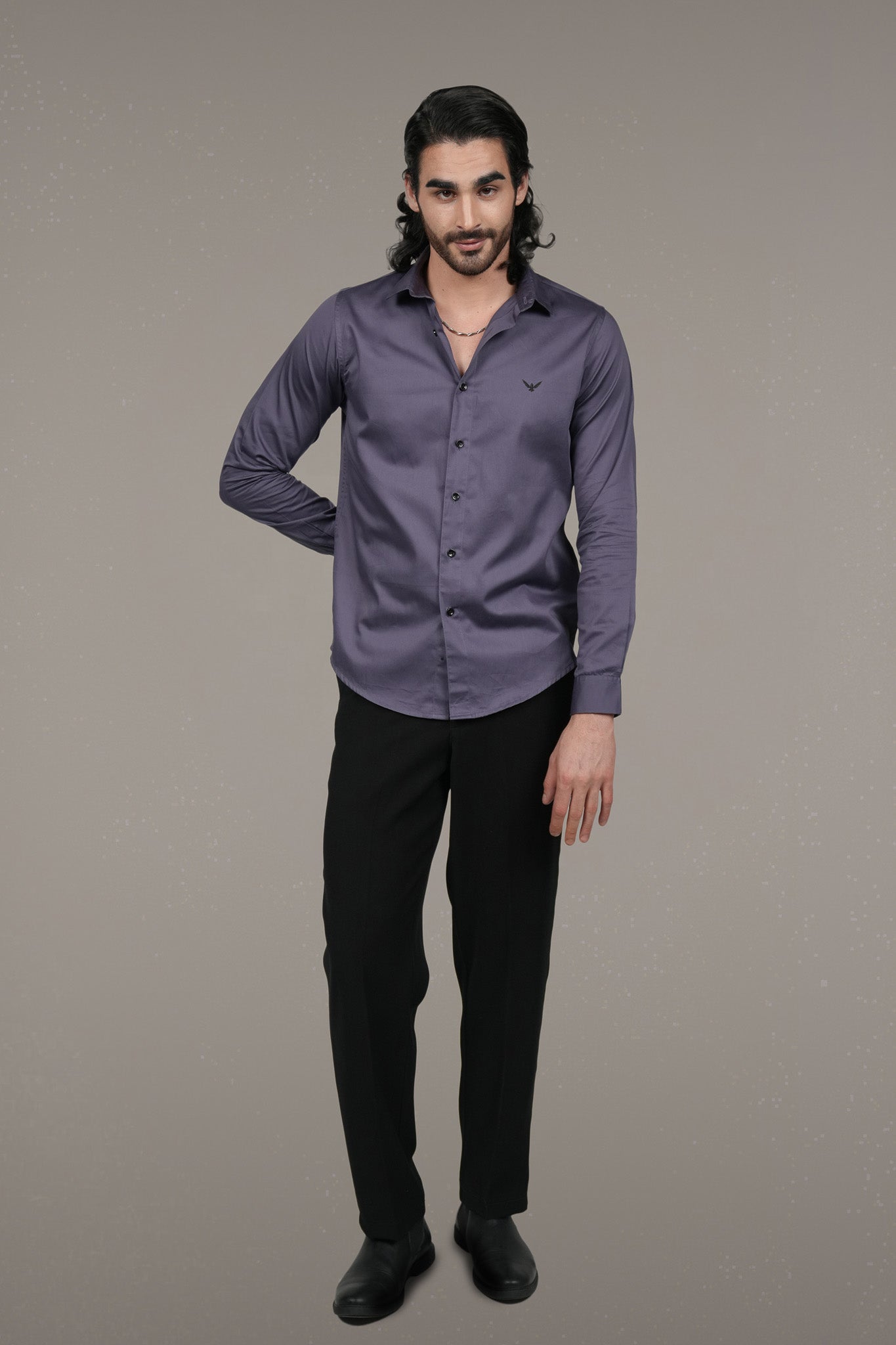 Purple Solid Cotton Satin Slim Fit Shirt