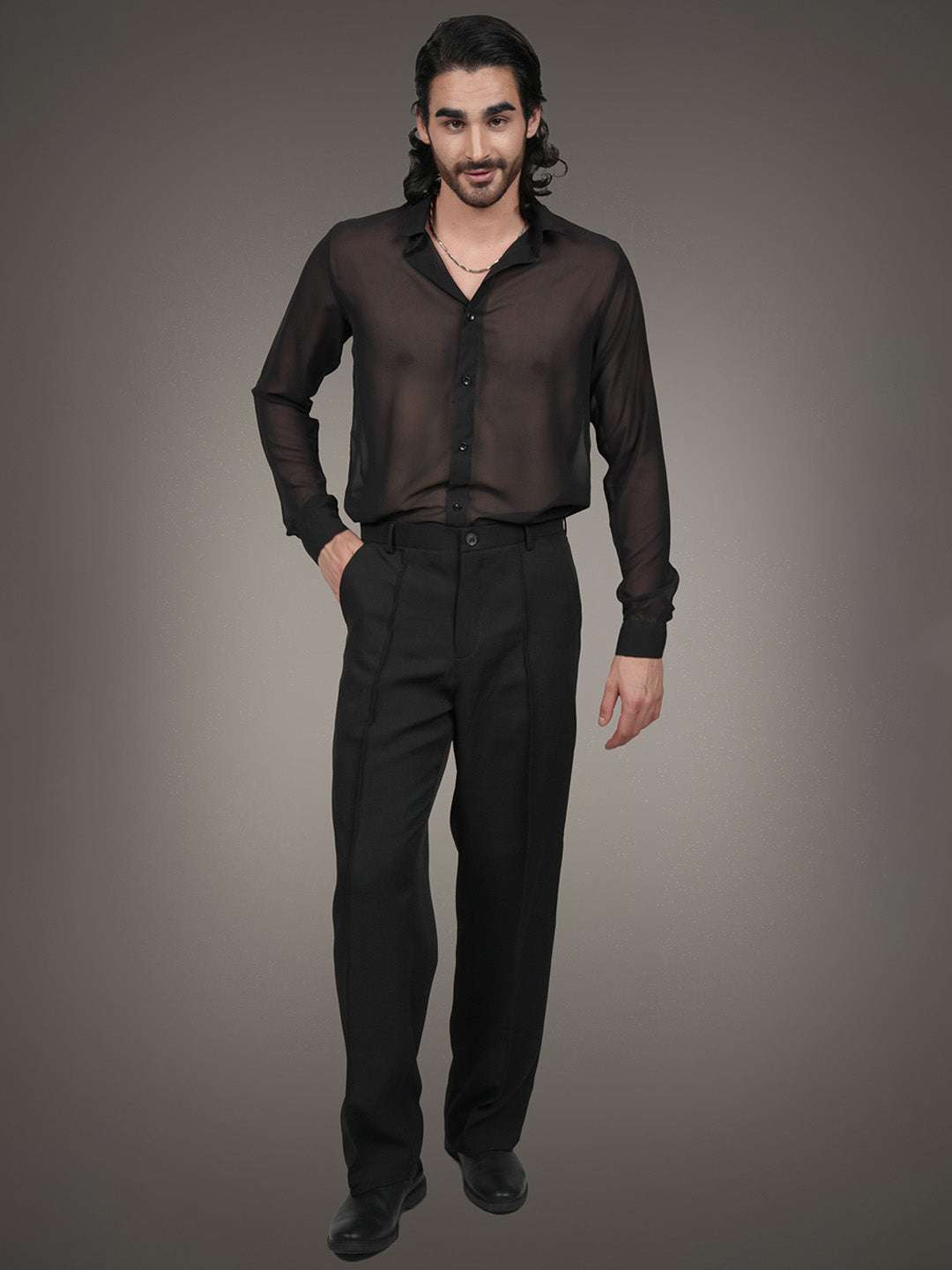 Black Solid Georgette Solid Slim Fit Transparent Shirt