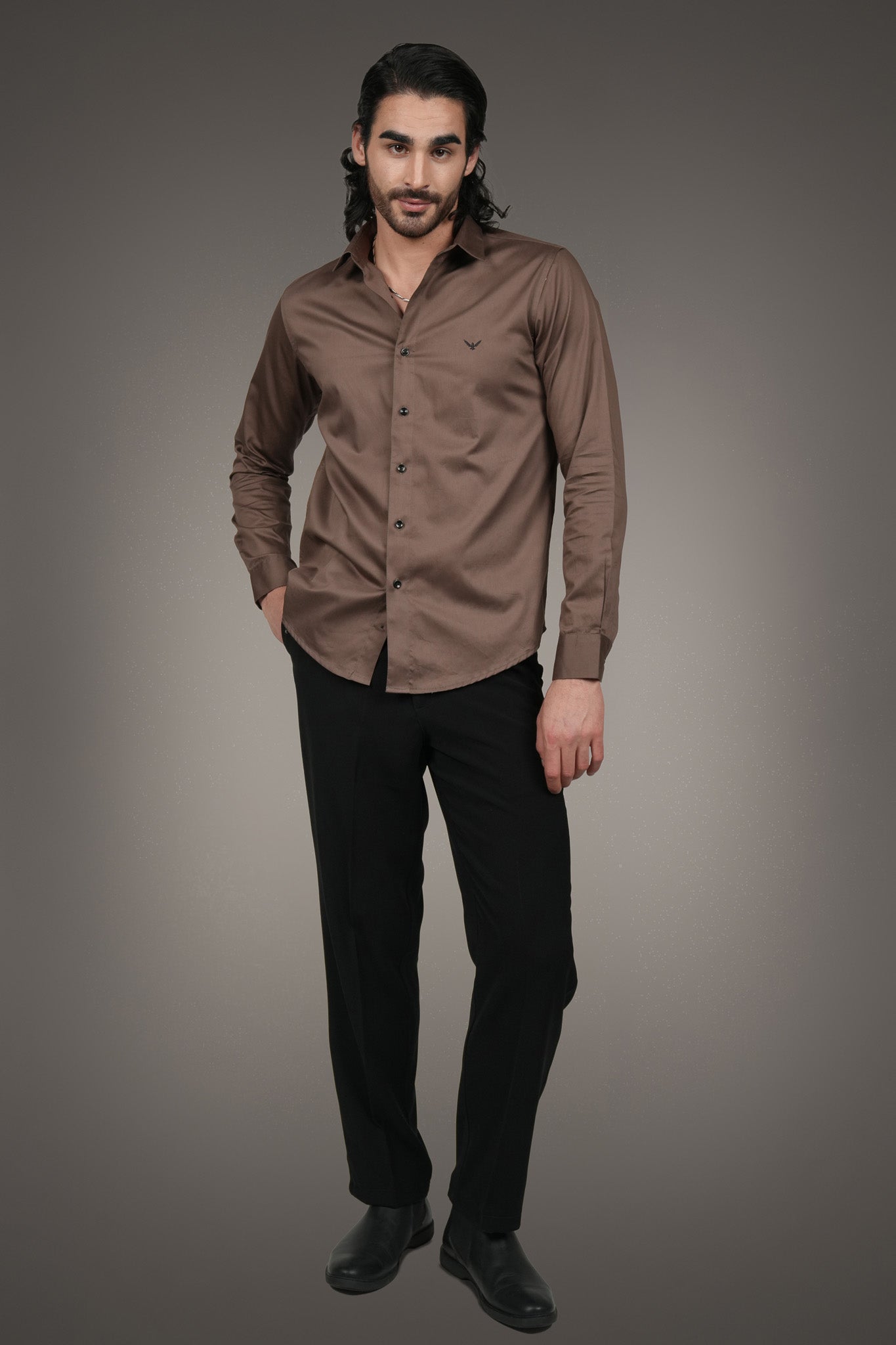 Mocha Brown Solid Cotton Satin Slim Fit Shirt