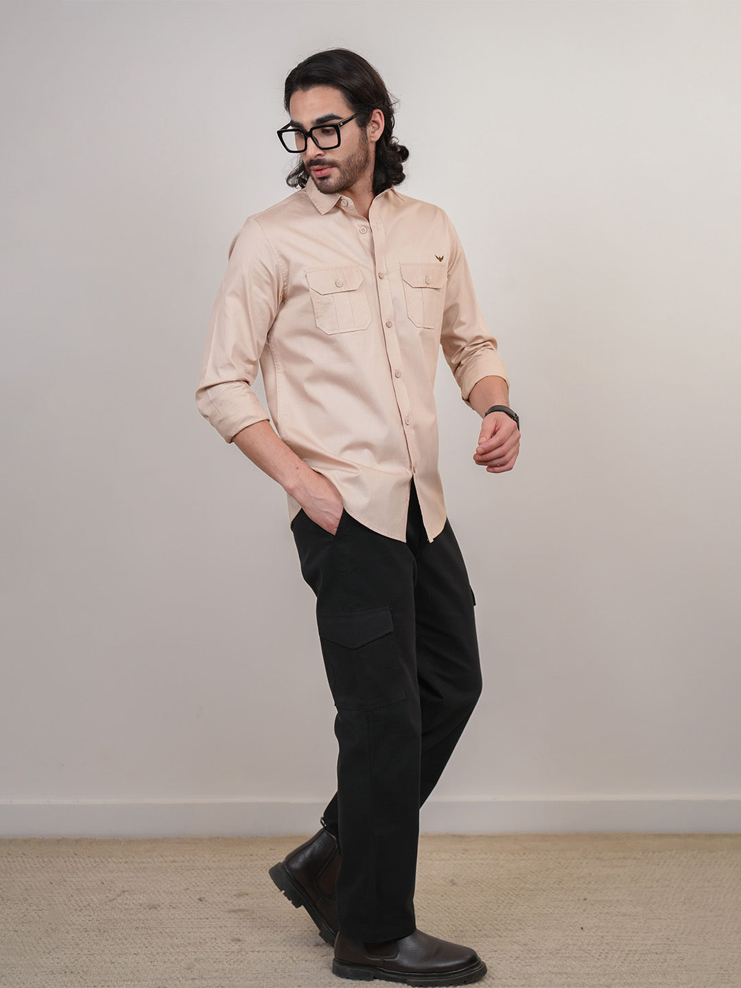 Earthy Beige Solid Cotton Twill Slim Fit Shirt