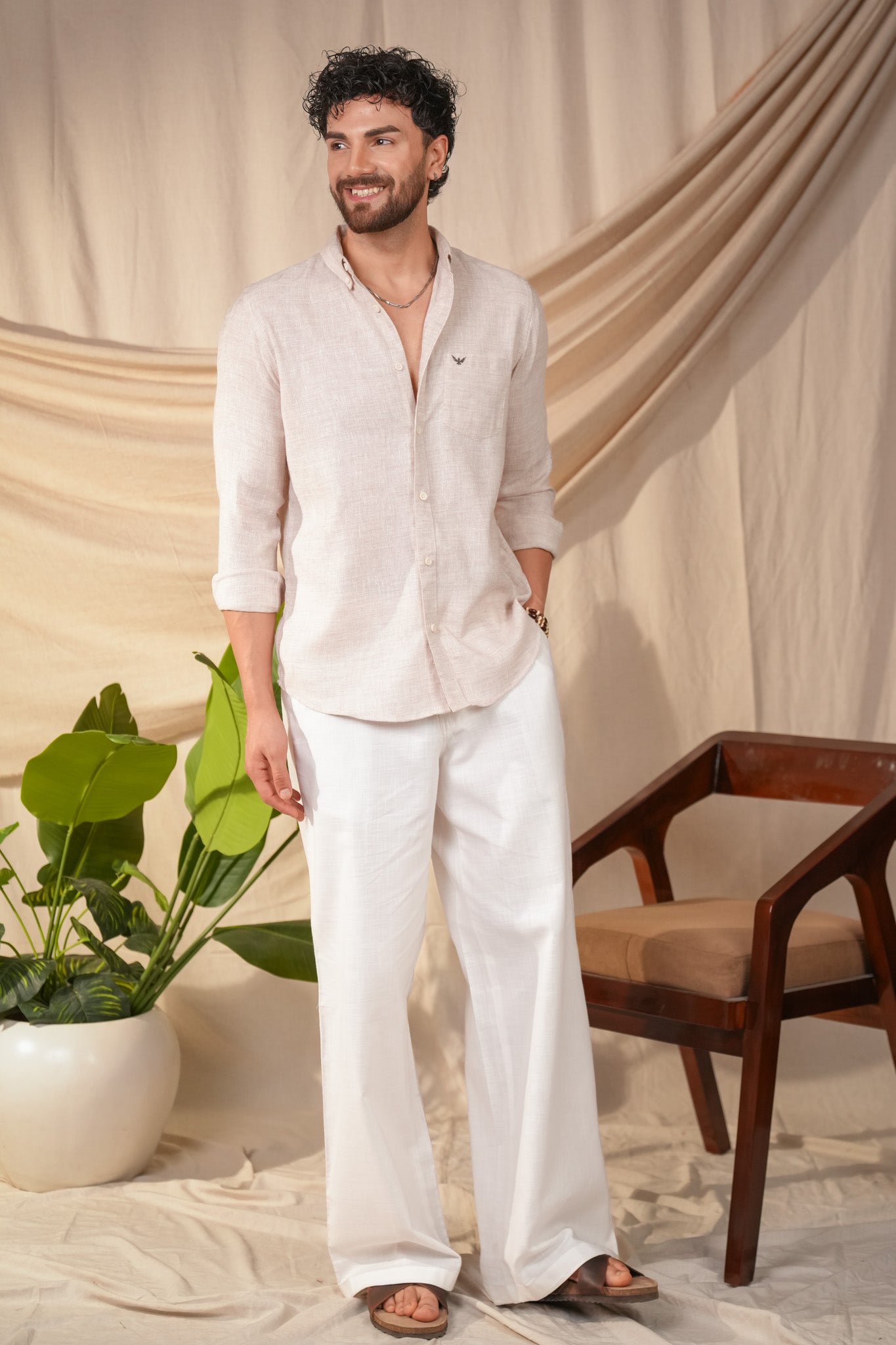 Dusty Pink Solid Pre-Washed Linen Cotton Slim Fit Shirt