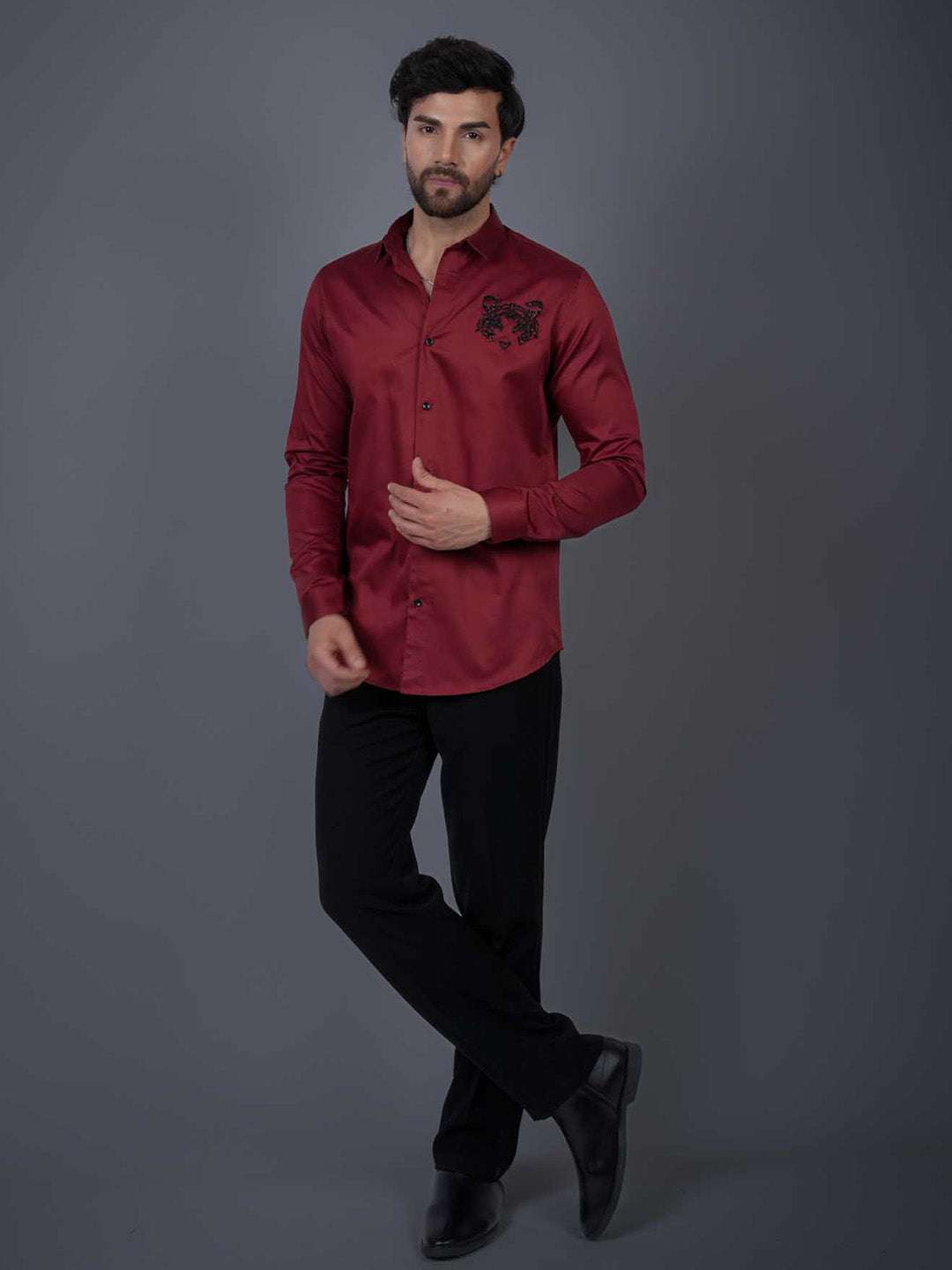 Intense Red Sequin Cotton Satin Slim Fit Shirt