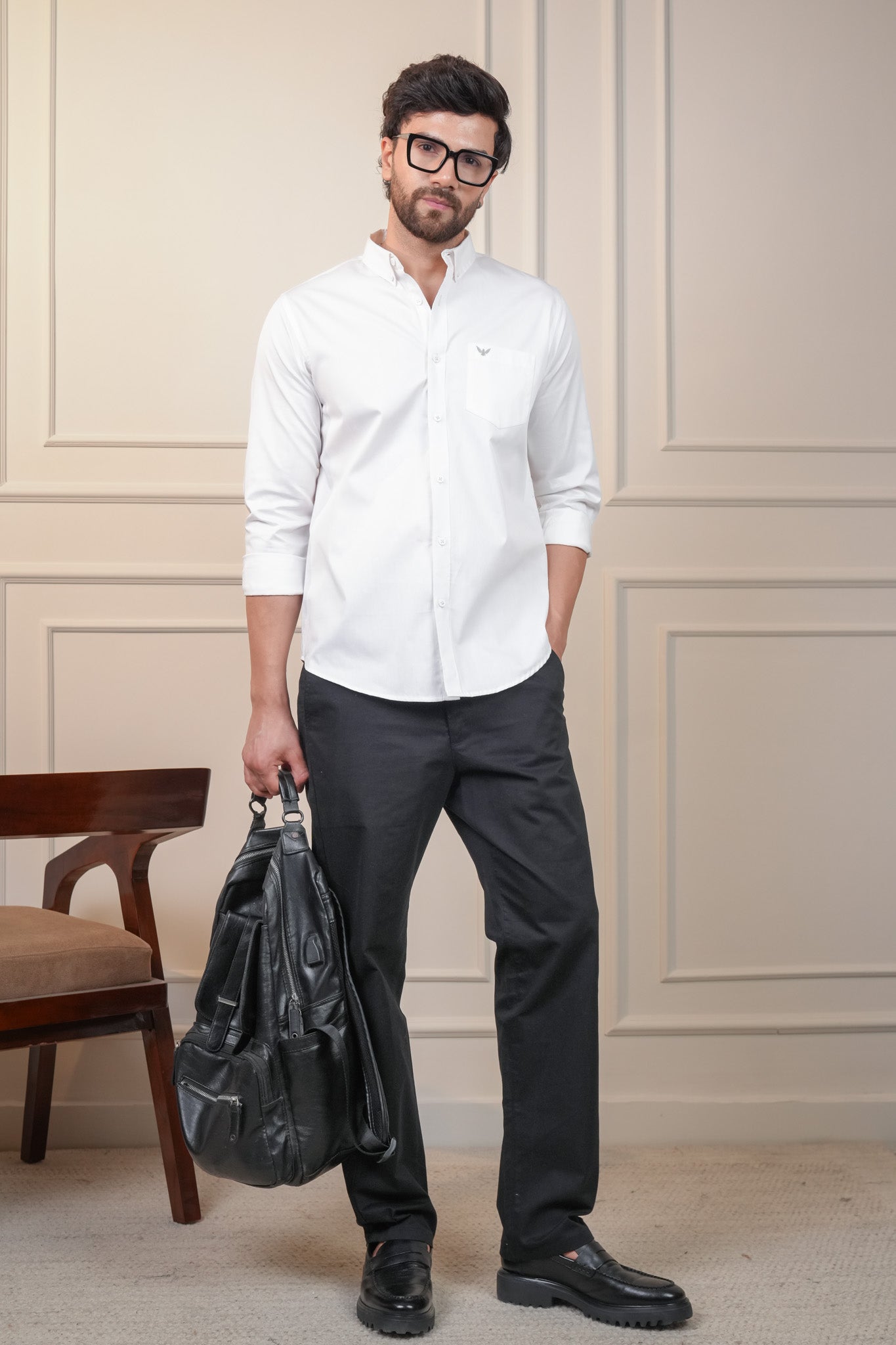 White Solid Cotton Twill  Slim Fit Shirt