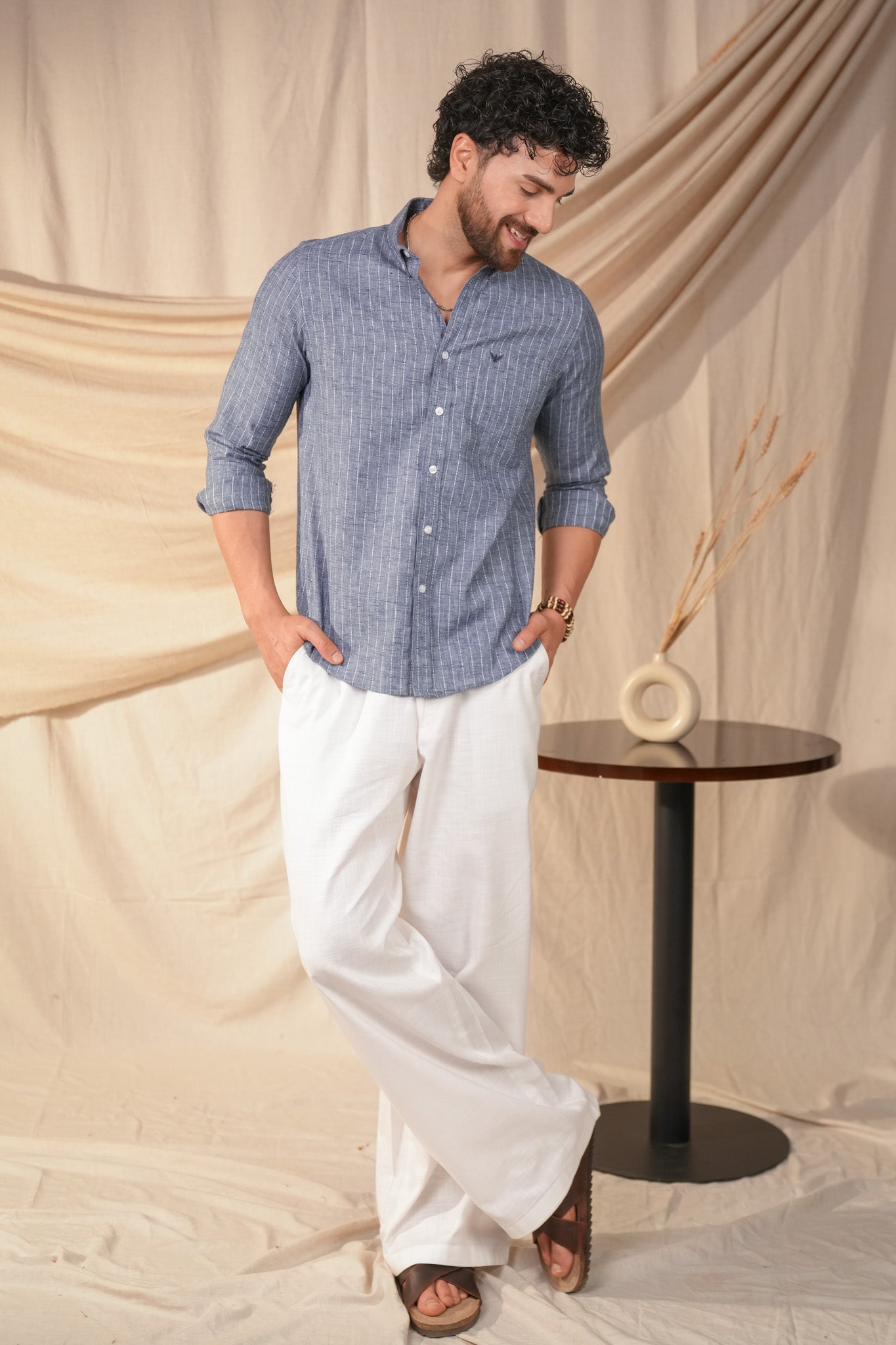 Denim Blue Striped Linen Cotton Slim Fit Shirt