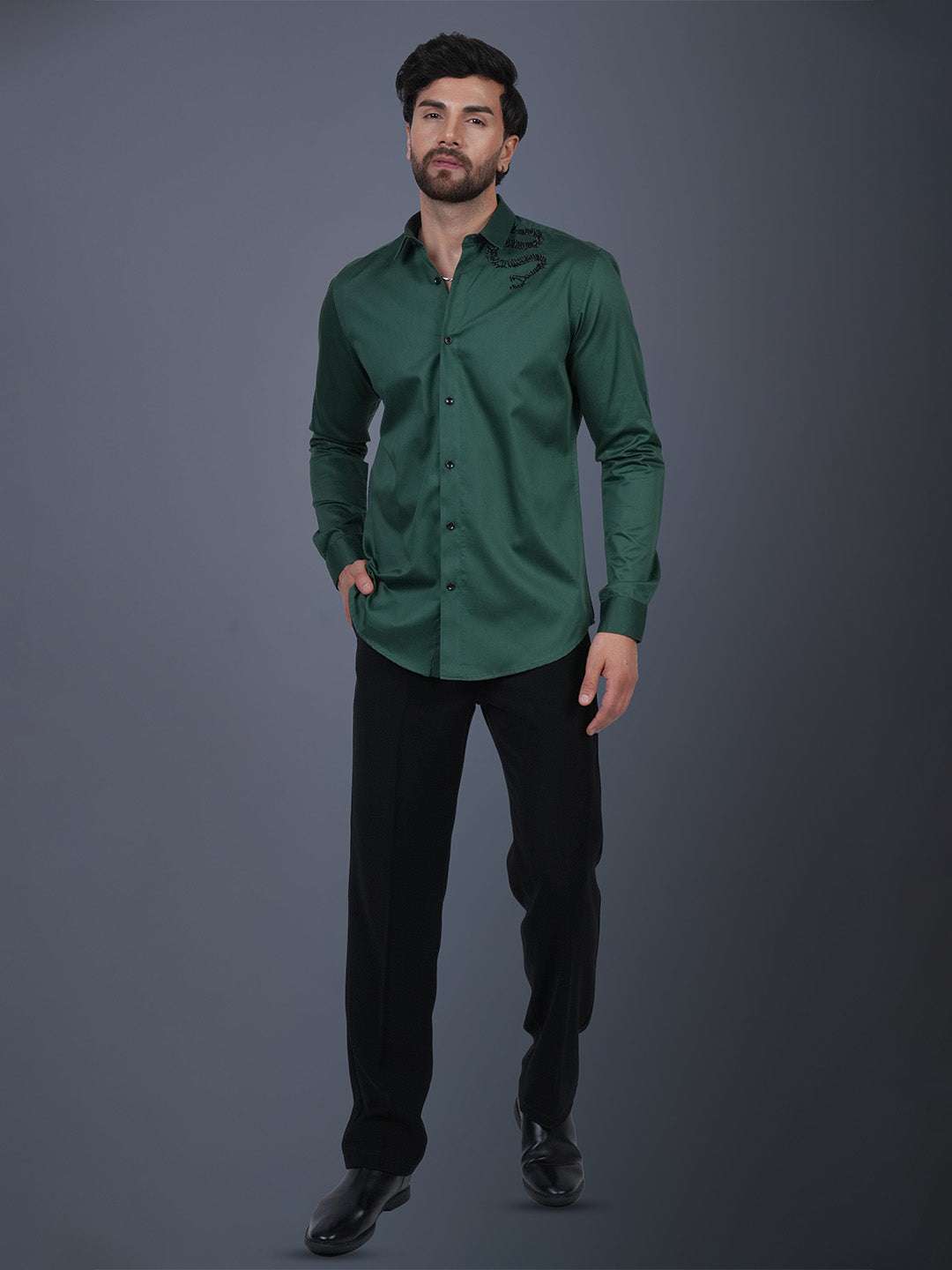 English Green Sequin Cotton Satin Slim Fit Shirt