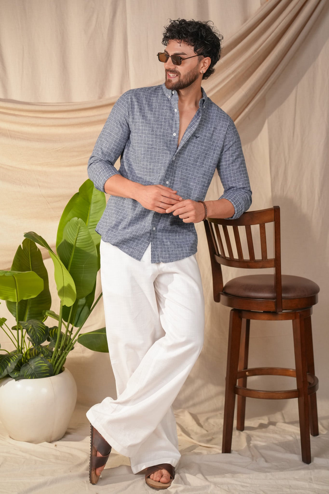 Denim Blue Checked Linen Cotton Slim Fit Shirt