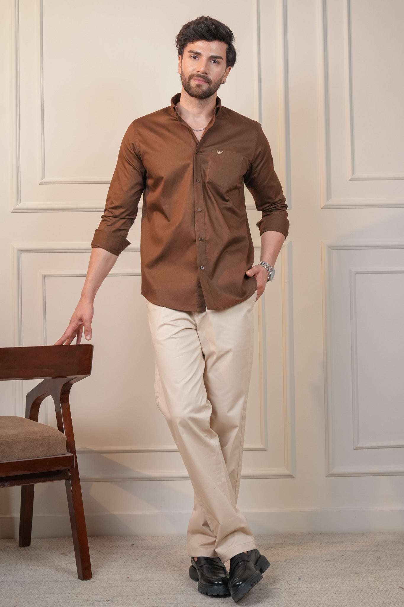Brown Solid Cotton Twill  Slim Fit Shirt