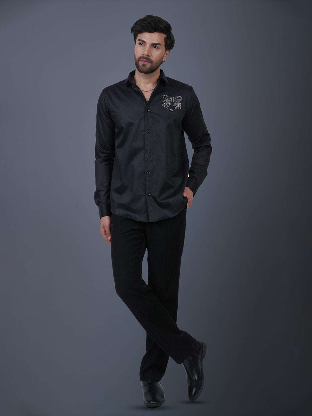 Black Sequin Cotton Satin Slim Fit Shirt