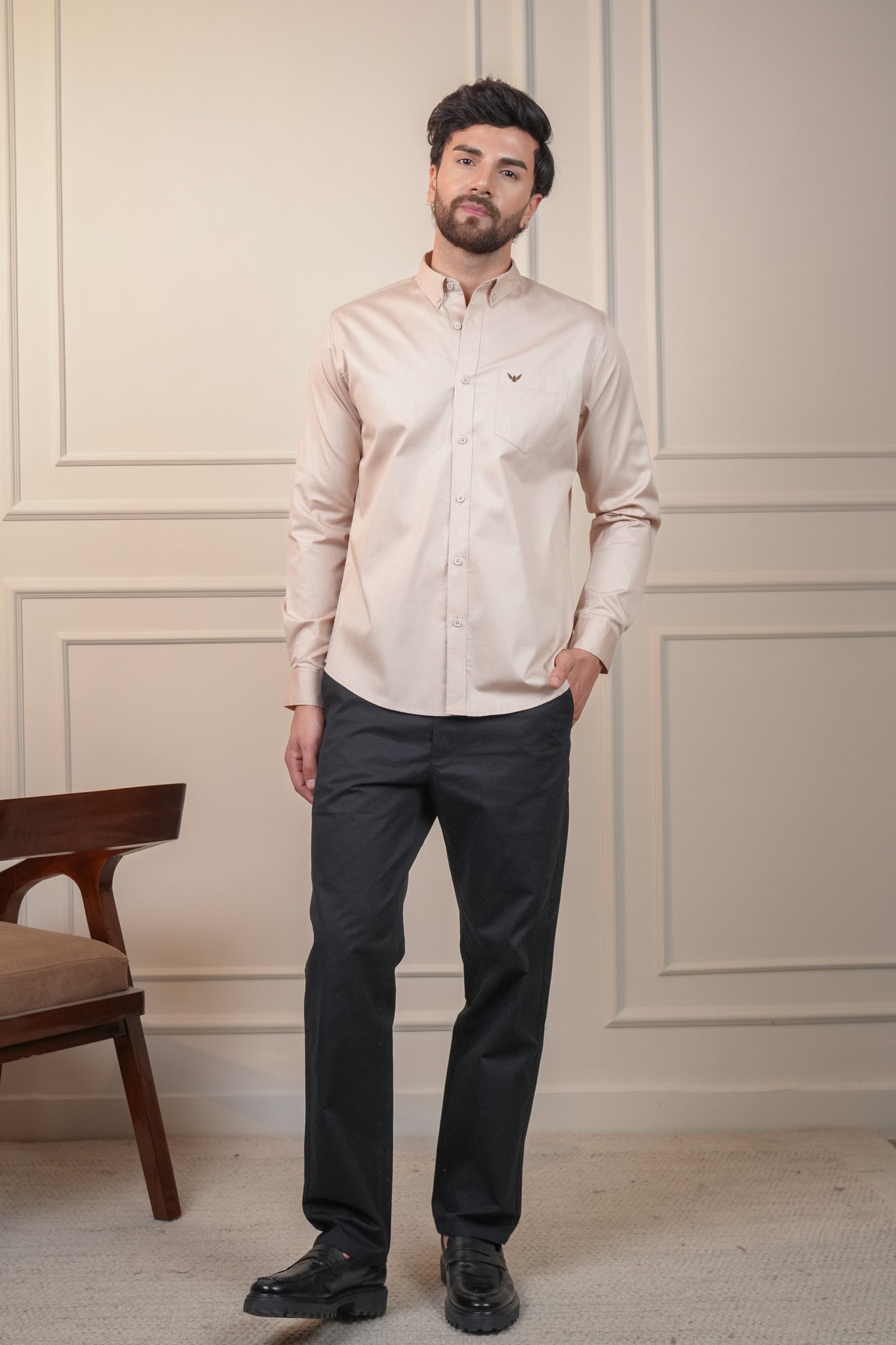 Earthy Beige Solid Cotton Twill Slim Fit Shirt