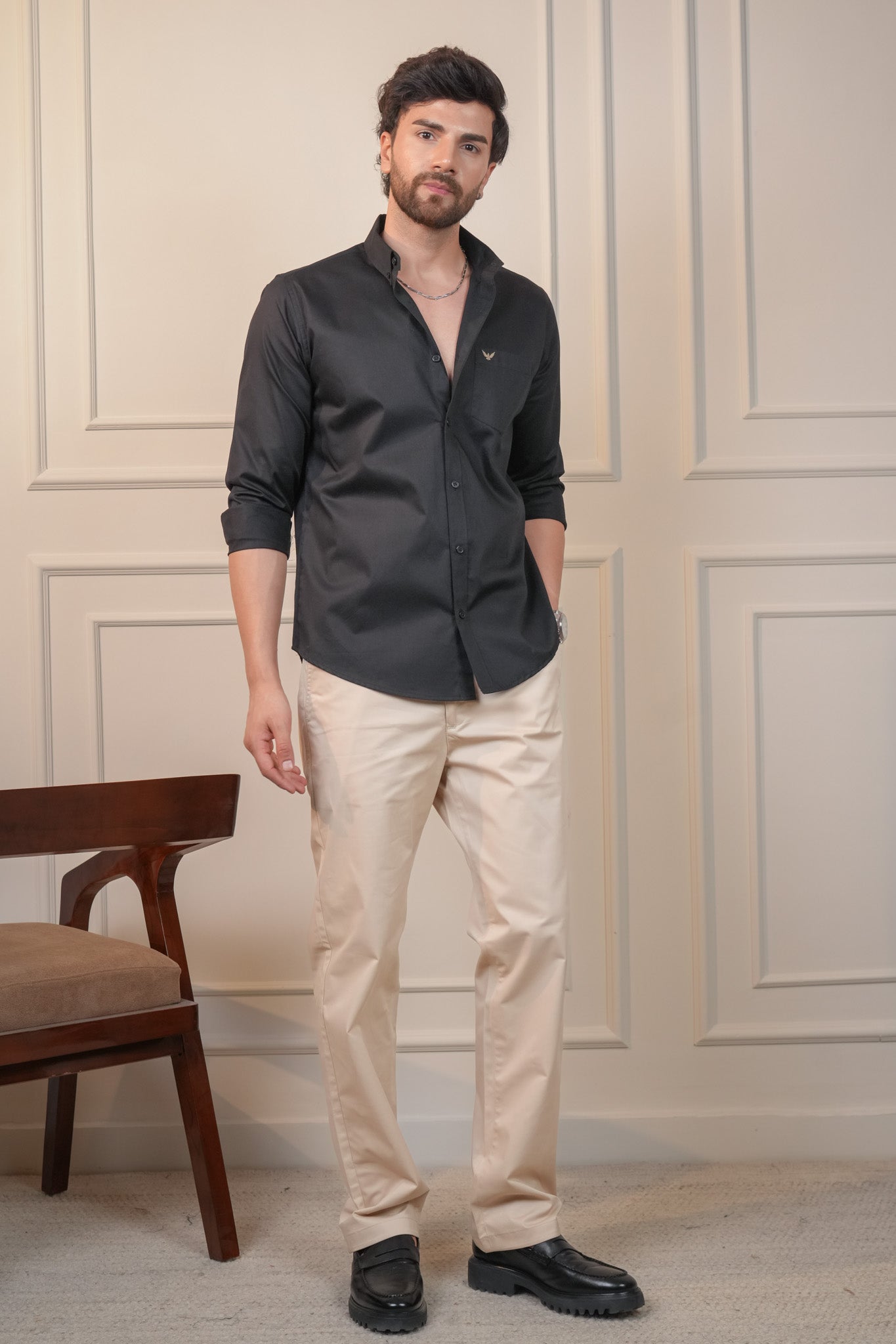 Black Solid Cotton Twill Slim Fit Shirt