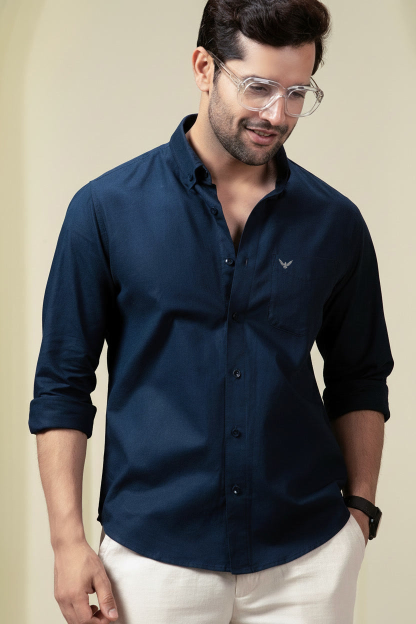 Navy Blue Pre-Washed Linen Blend Shirt