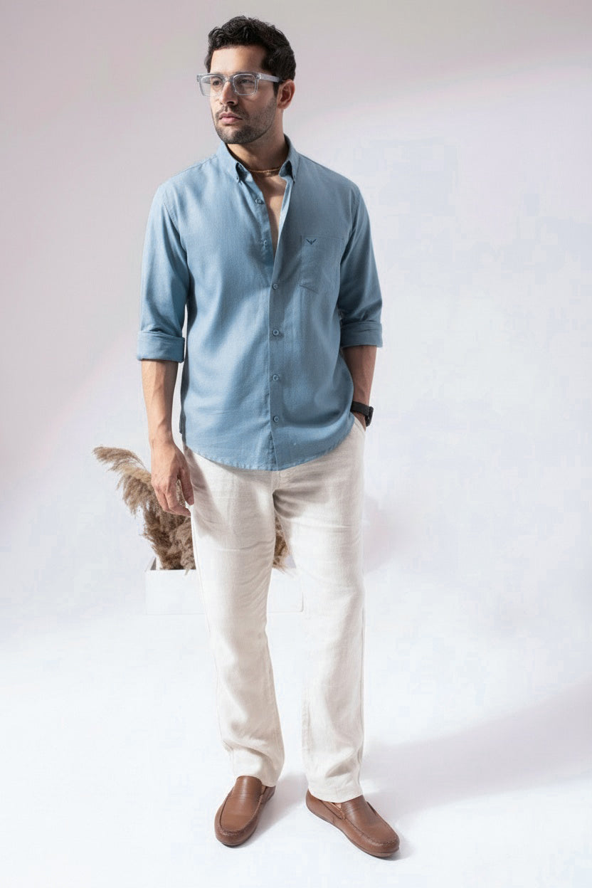 Aqua Blue Pre-Washed Linen Blend Shirt