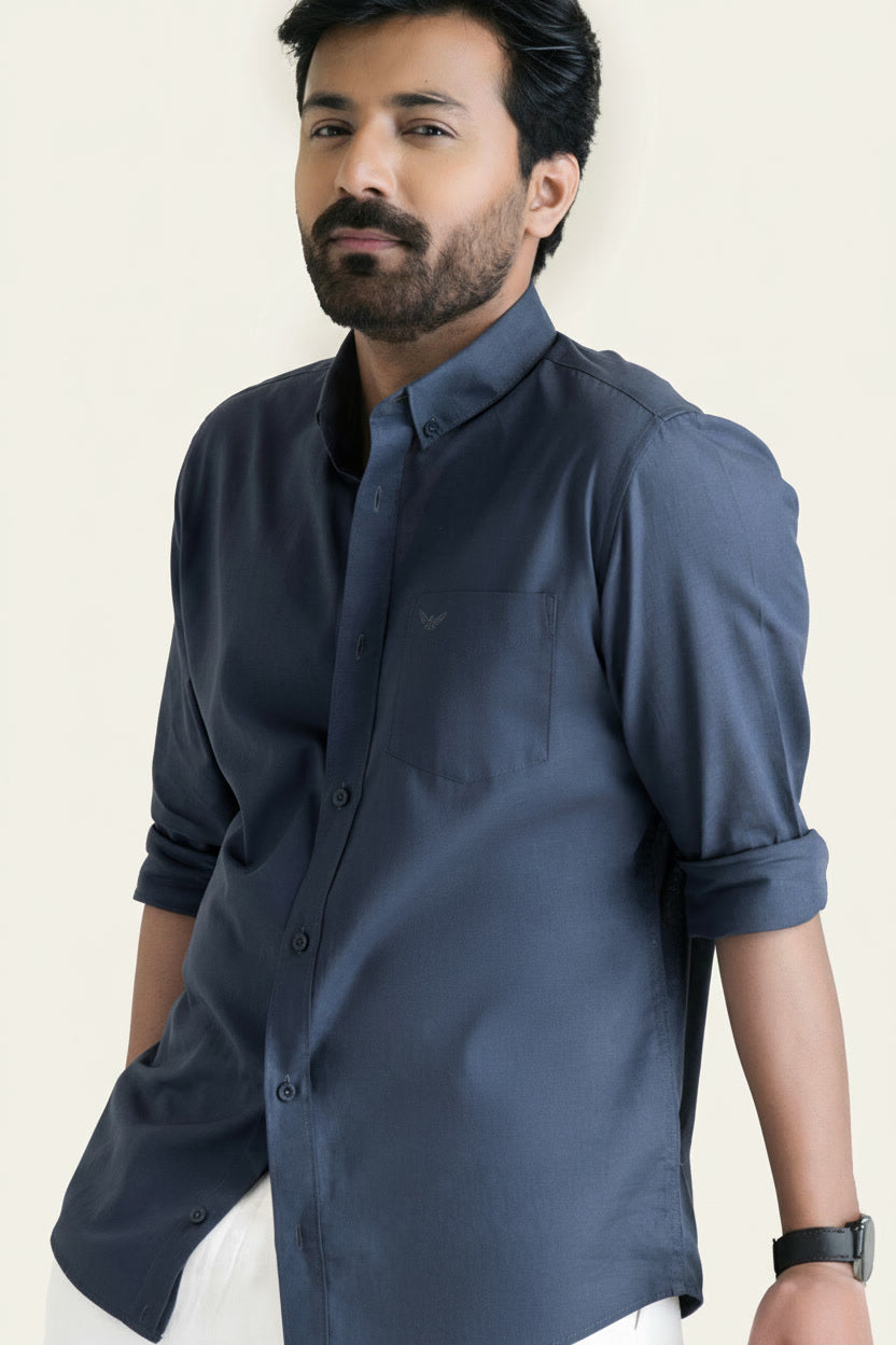 Dark Grey Solid Pre-Washed Slim Fit Linen Cotton Shirt