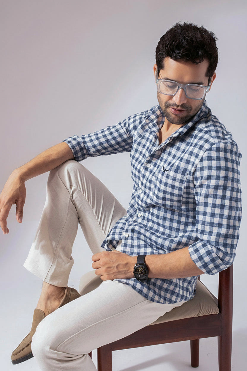 Blue Checks Pre-Washed Linen Blend Shirt