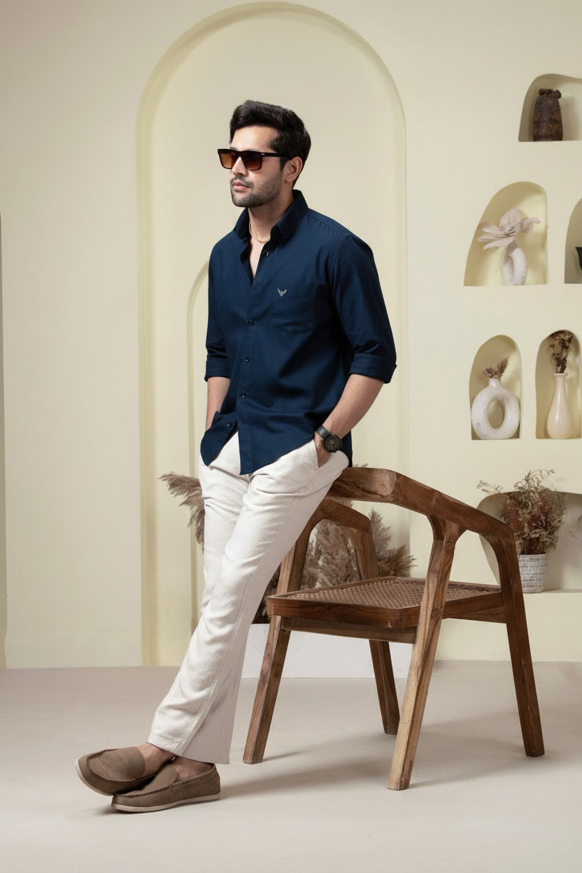 Navy Blue Pre-Washed Linen Blend Shirt